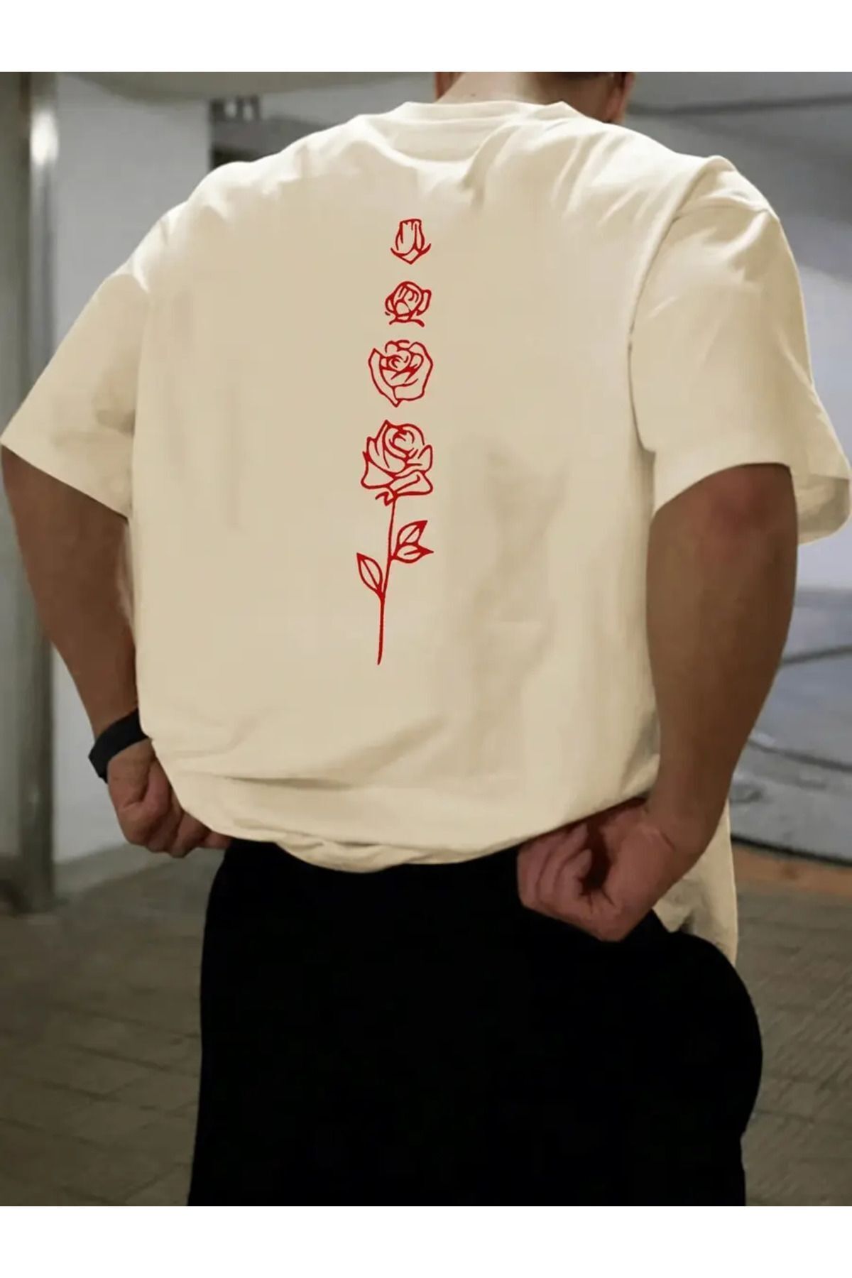 FoxSkin Sportswear&Company Bej Siyah Gül Desen T-Shirt Şort - Alt Üst Takım Şort Tişört Kombin Baskılı Bisiklet Yaka