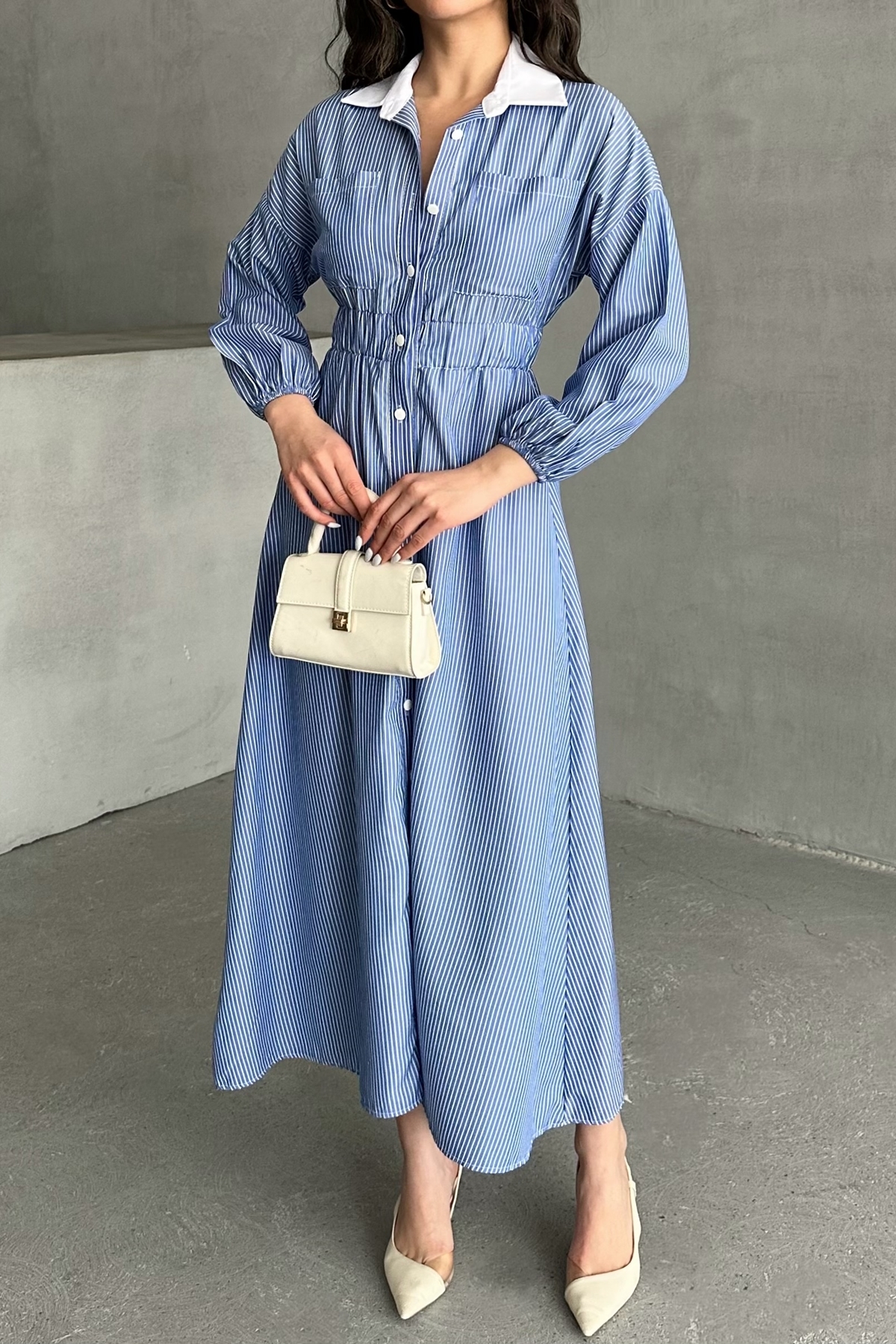 MD trend  Kadın Çizgili Düğmeli Yaka Garnili Bel Lastikli Uzun Elbise - Görsel 3