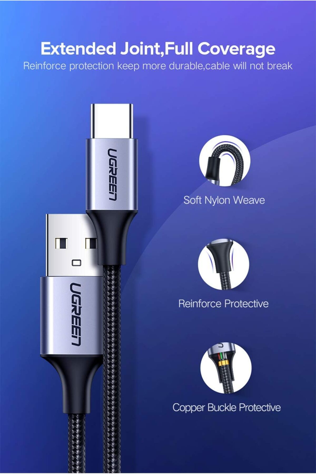 Ugreen-USB-A to USB-C Charging Cable, 2 Meter, Nylon Braided, Data Transfer, Universal Compatibility 5
