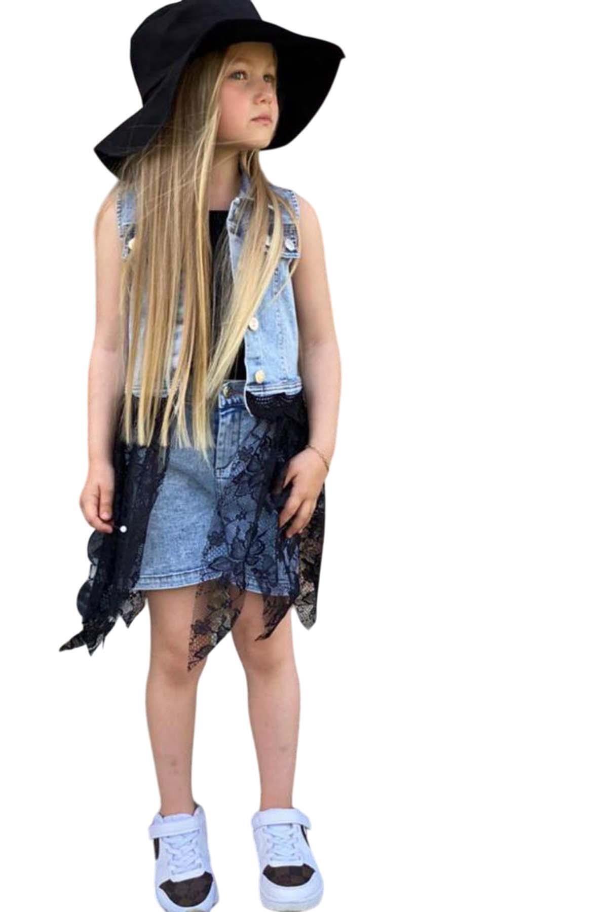 Riccotarz-Girl's Crew Neck Combed Cotton Blouse Lace Embroidered Black Tulle Jean Jacket Hat Shorts Suit 7
