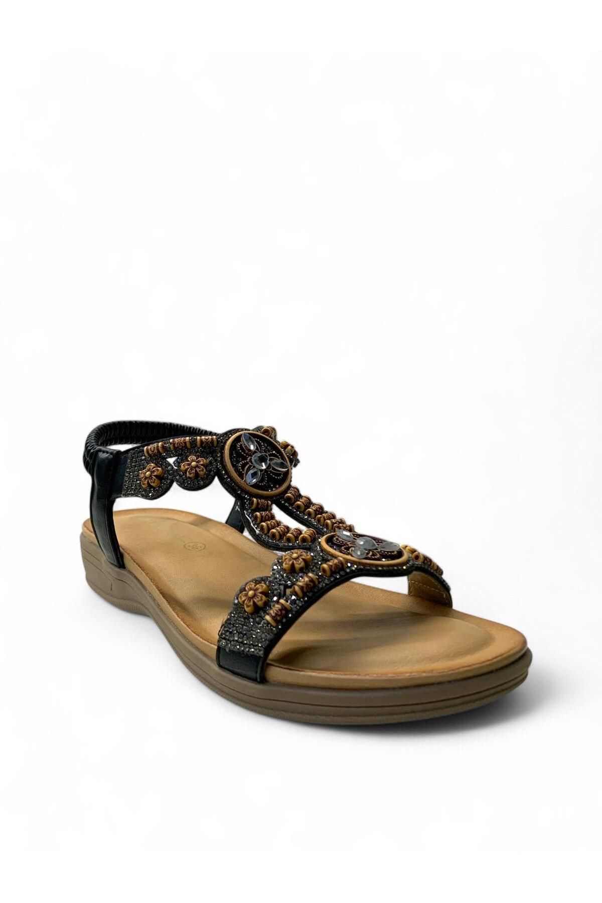 Tuğba Ortopedi-7053 Women's Anatomical Black Stone Sandals 2
