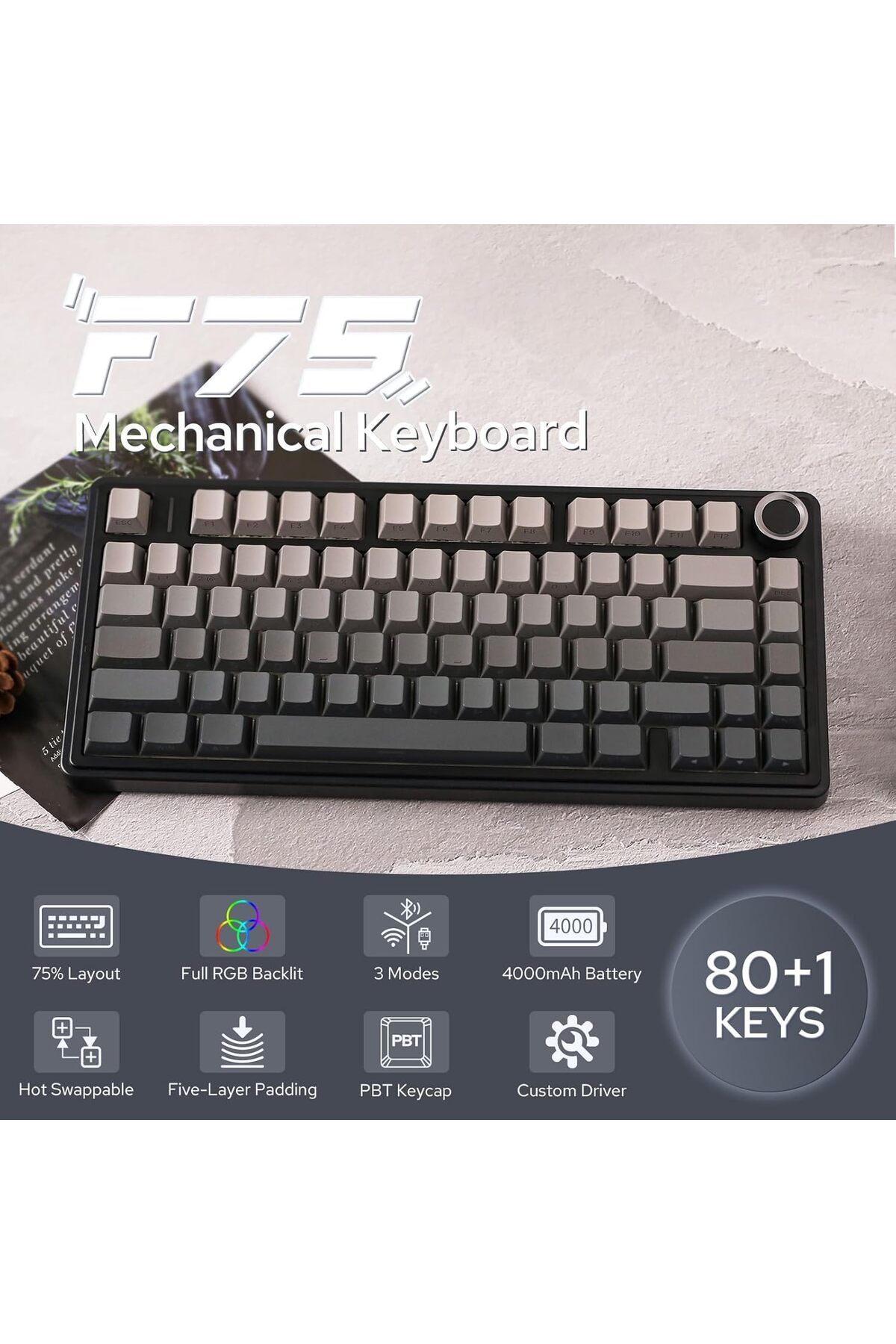 Epomaker-x AULA F75 Gasket Mechanical Keyboard, 75% Wireless Hot Swappable Gaming Keyboard with Five 3