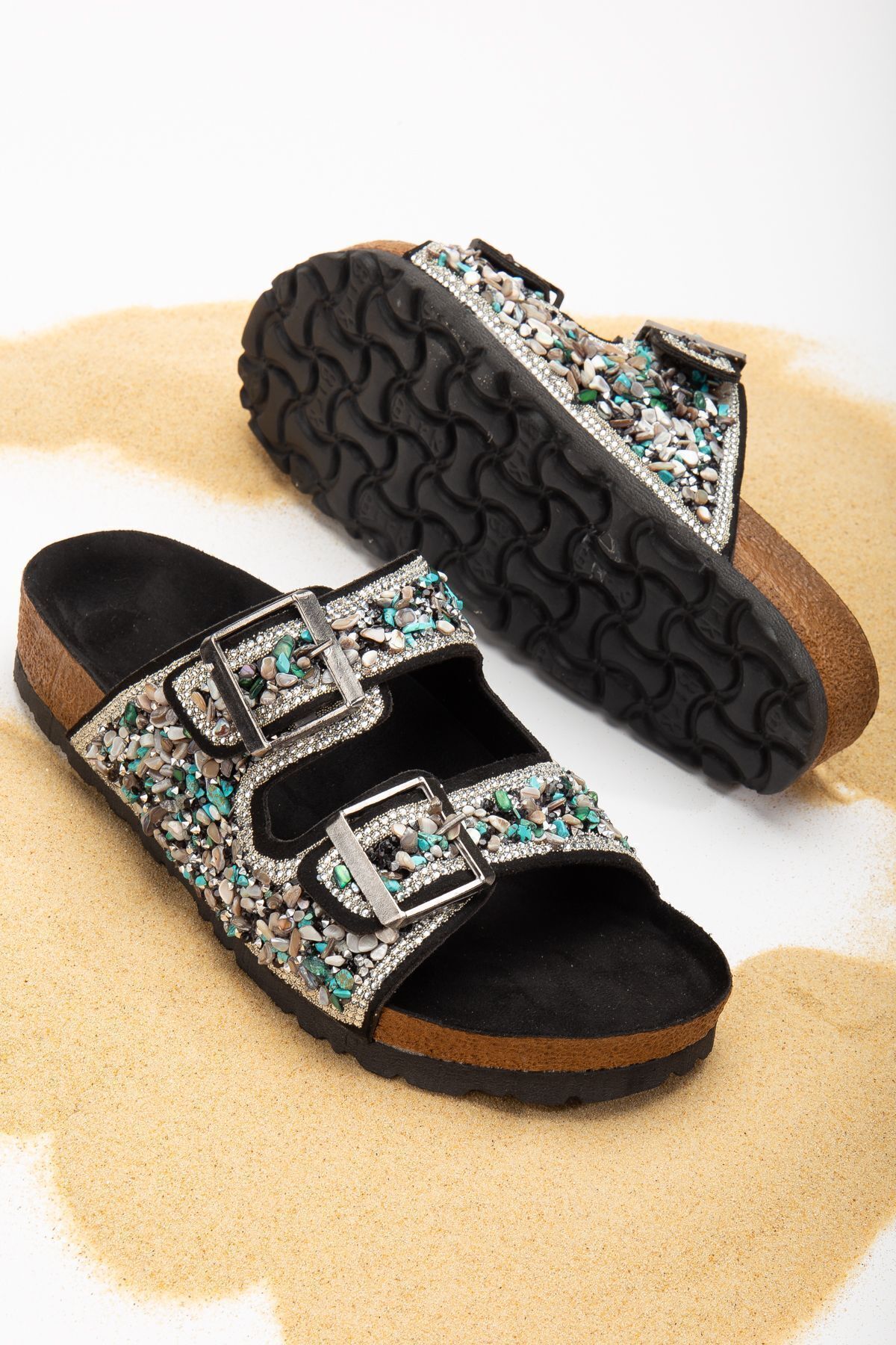 SUNSTEP-Women's Natural Stone Black Double Buckle Sea Stone Orthopedic Slippers 3