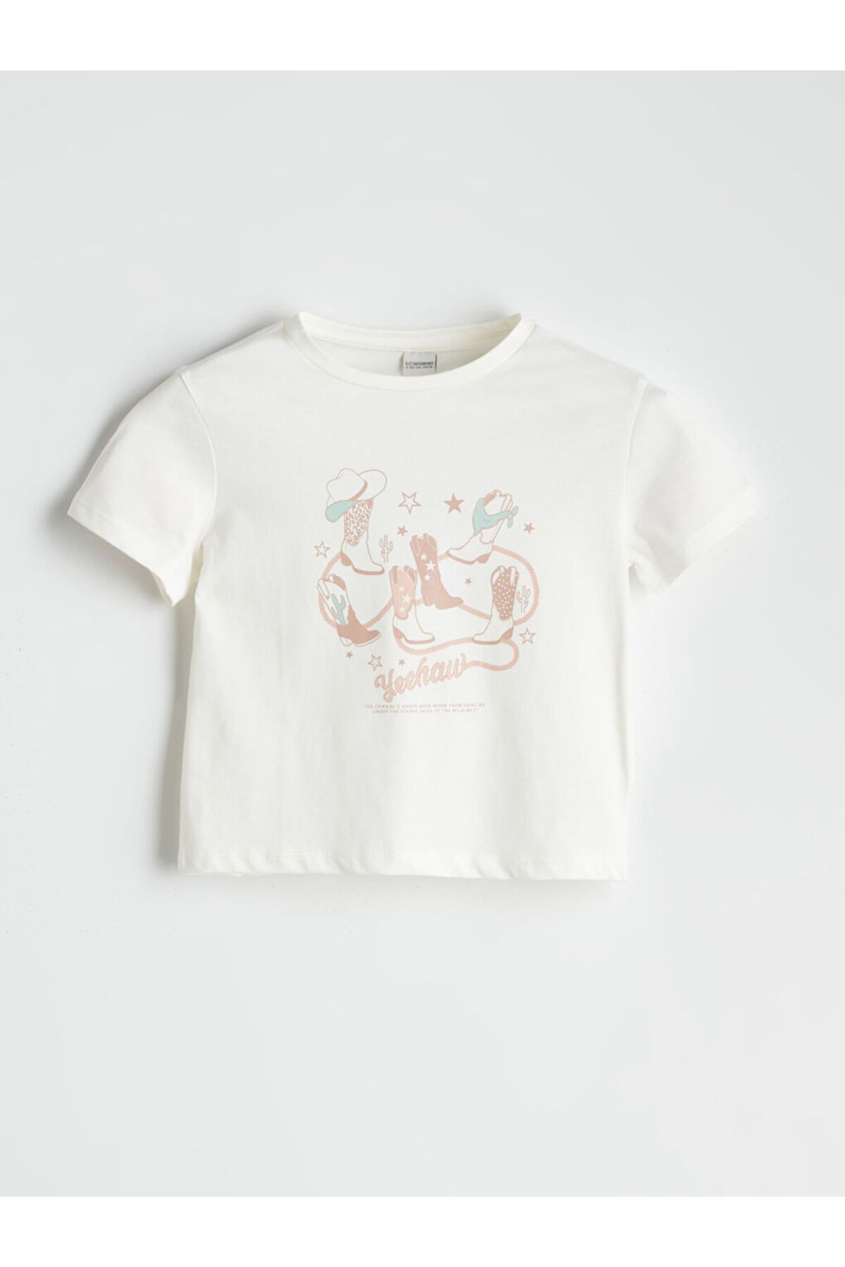 LC Waikiki LCW Kids Ekru Bisiklet Yaka Kız Çocuk Crop Tişört T T