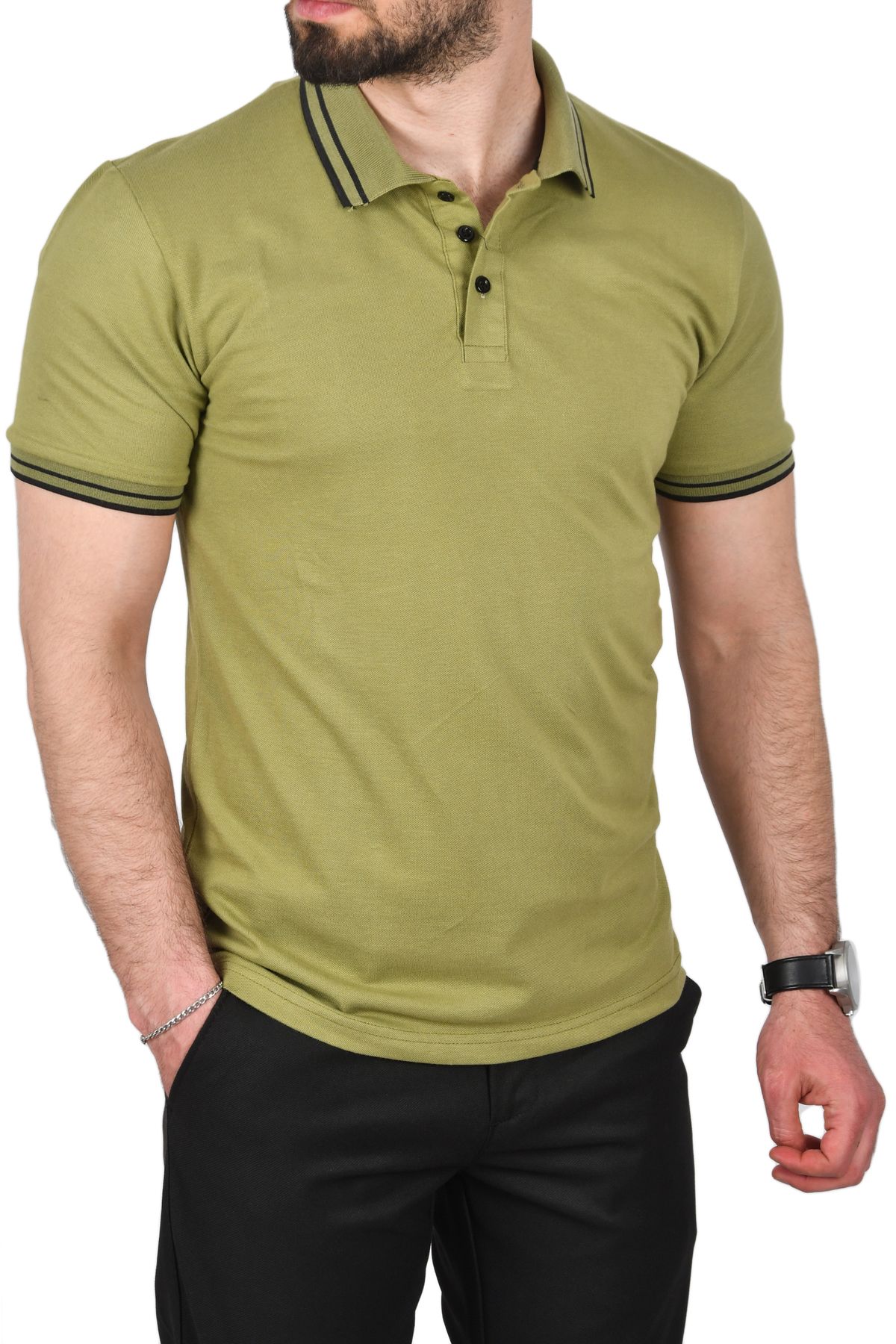 DeepSEA-Men's Green Slim Fit Cotton Fabric Polo Neck T-Shirt Breathable Slim Fit Non-Curling Collar T-Shirt 25030 1