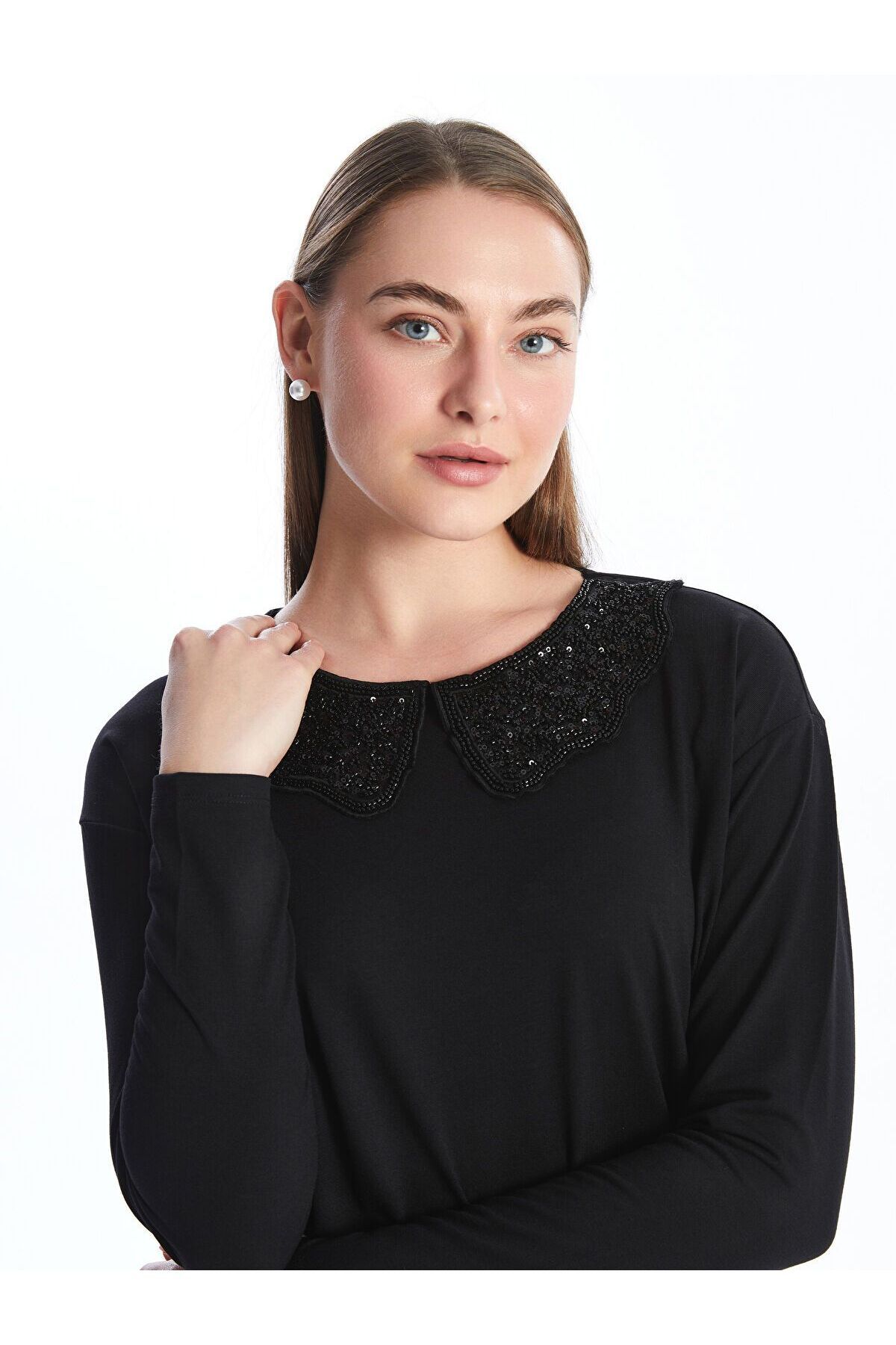 LC Waikiki Bebe Yaka Nakışlı Uzun Kollu Oversize Kadın Bluz
