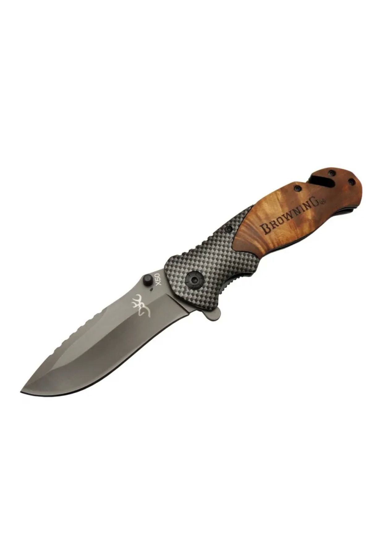 Evinso X50 Kahverengi Kurtarma / Kamp Çakısı 20,5Cm- Yarı Otomatik, Kemerlikli, Ahşap Sap, Cam Kırma Ve İp