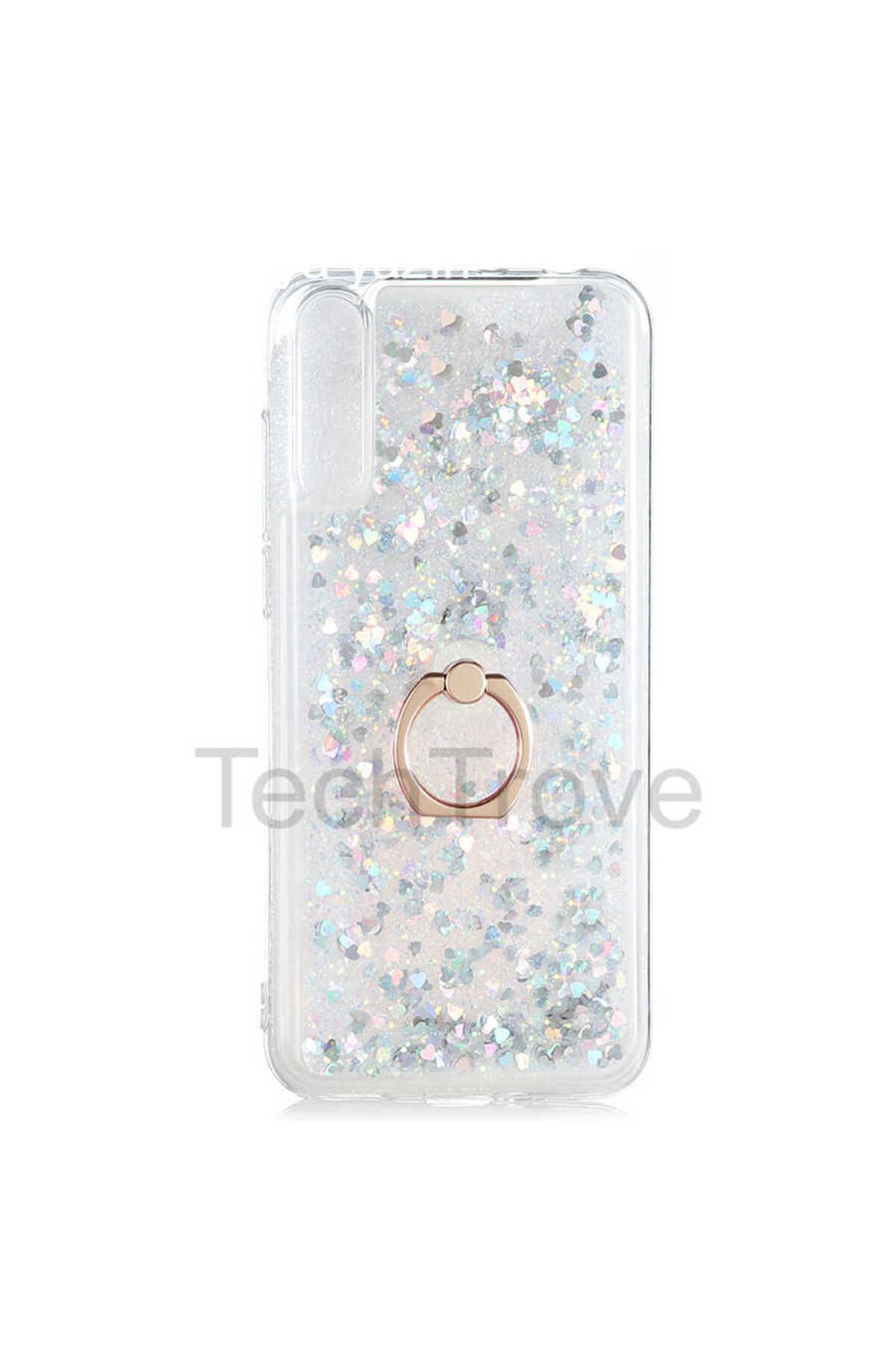 TechTrove Huawei P Smart S (Y8P) Kılıf Simli Sıvılı Tasarım Kamera Koruma Çıkıntılı Yüzüklü Şık Kapak