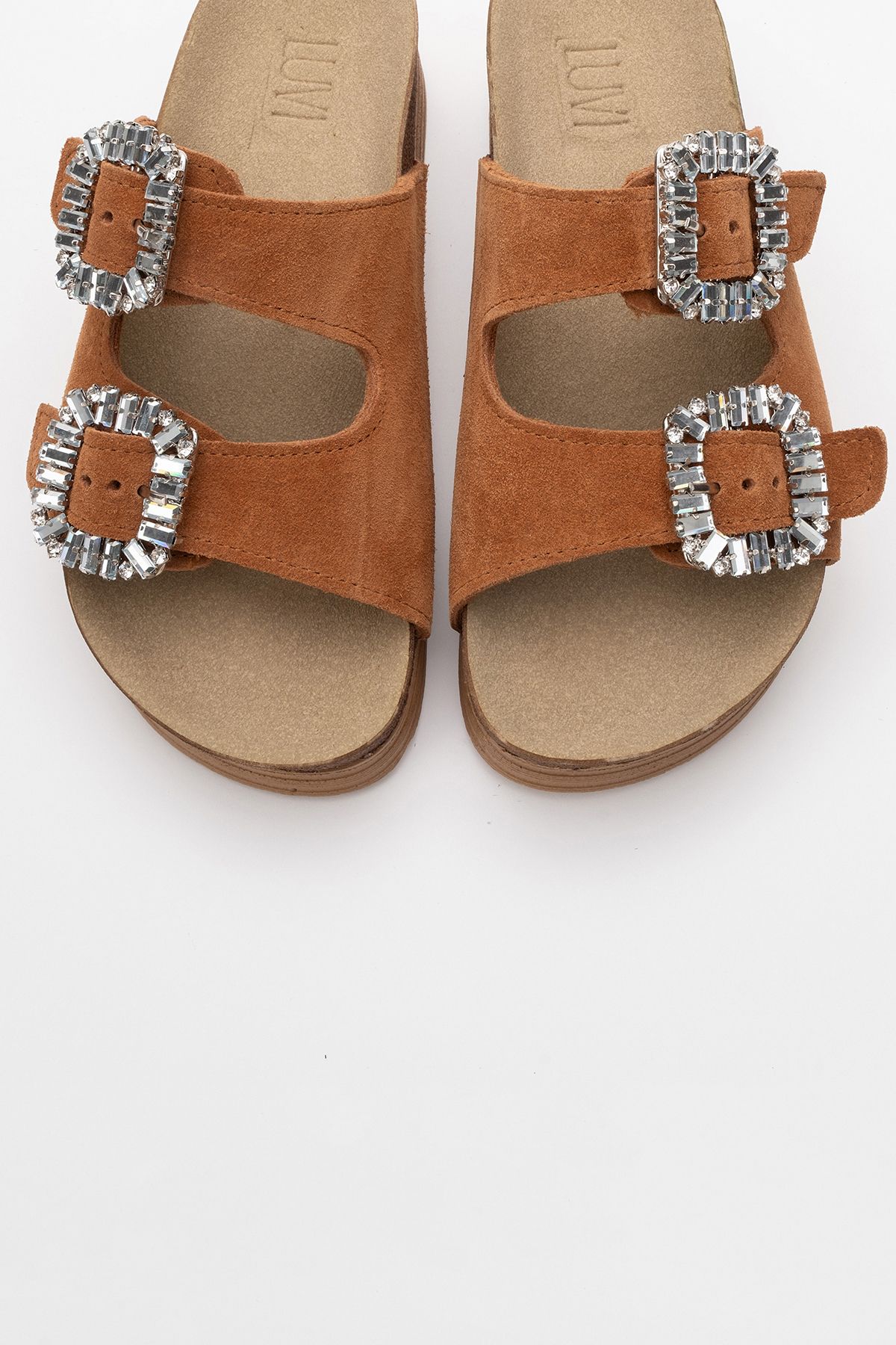 LuviShoes-Γυναικείες παντόφλες με χοντρή σόλα από γνήσιο δέρμα POLACCA Tan Suede Stoned Double Banded 2