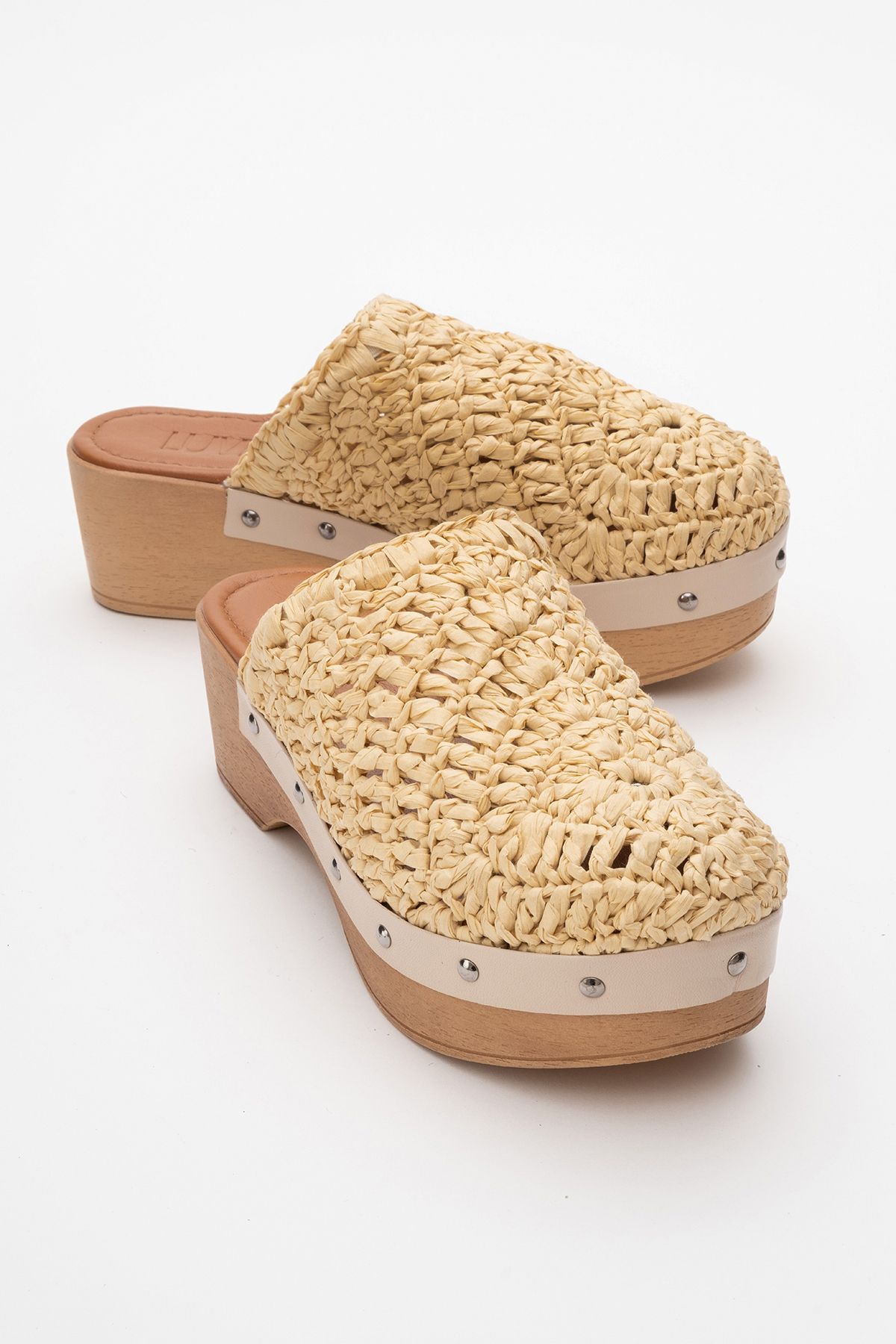 دمپایی نود زنانه کوپر بژ بافندگی چرمی واقعی که پاشنه پا را پر می کنند luvishoes