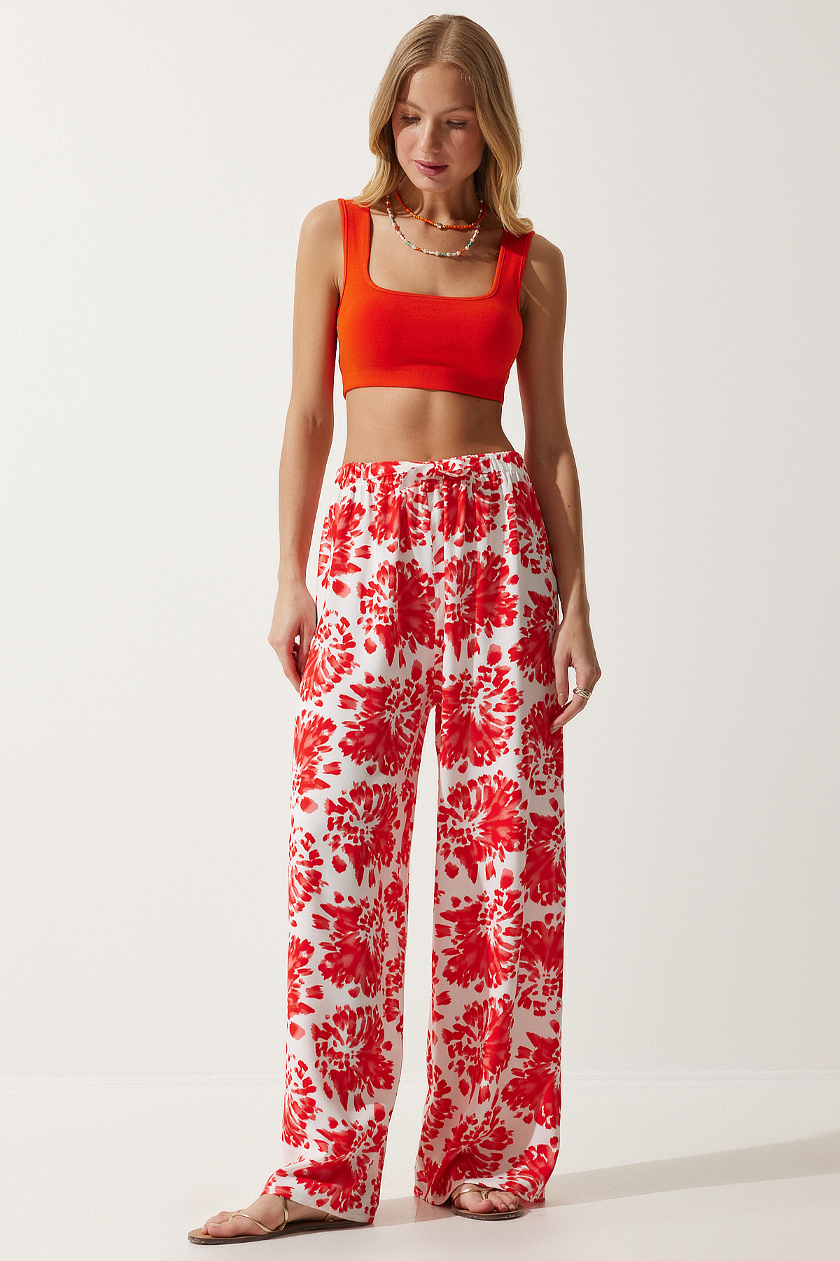 Happiness İstanbul-Damen Ecru Rot Hohe Taille Sommer Lose Viskose Hose BH00424 1