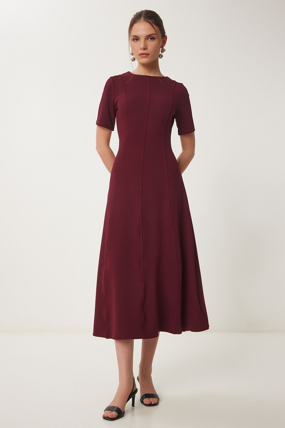 Happiness İstanbul Women's Burgundy Flared Midi Summer Knitted Dress Zh00047