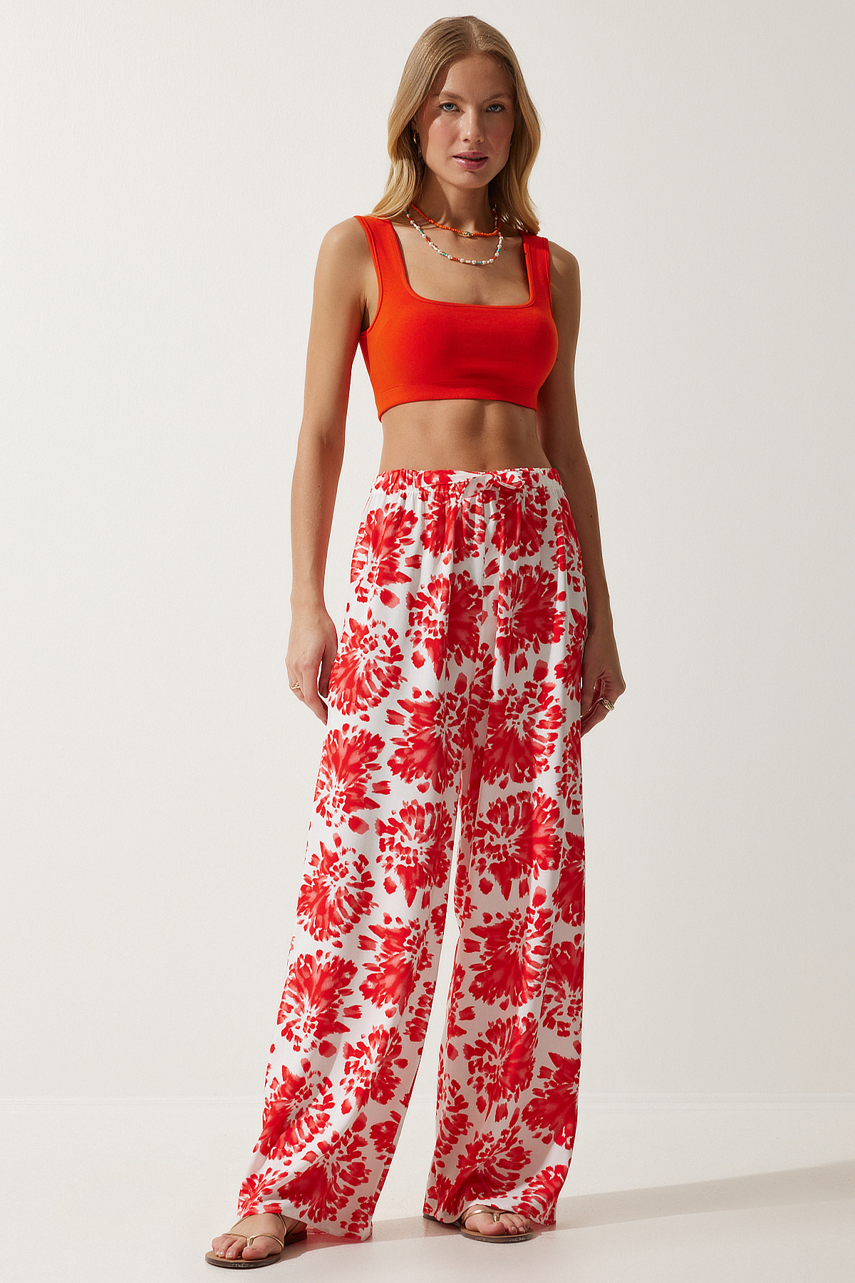 Happiness İstanbul-Damen Ecru Rot Hohe Taille Sommer Lose Viskose Hose BH00424 4