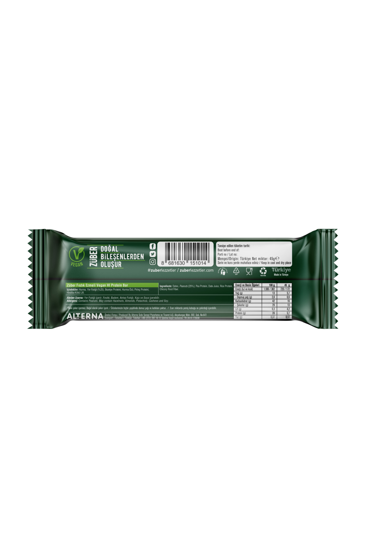 Hi Protein Vegan Yer Fıstığı Ezmeli Yüksek Protein Bar 45g x 12 Adet (15g Protein) 6