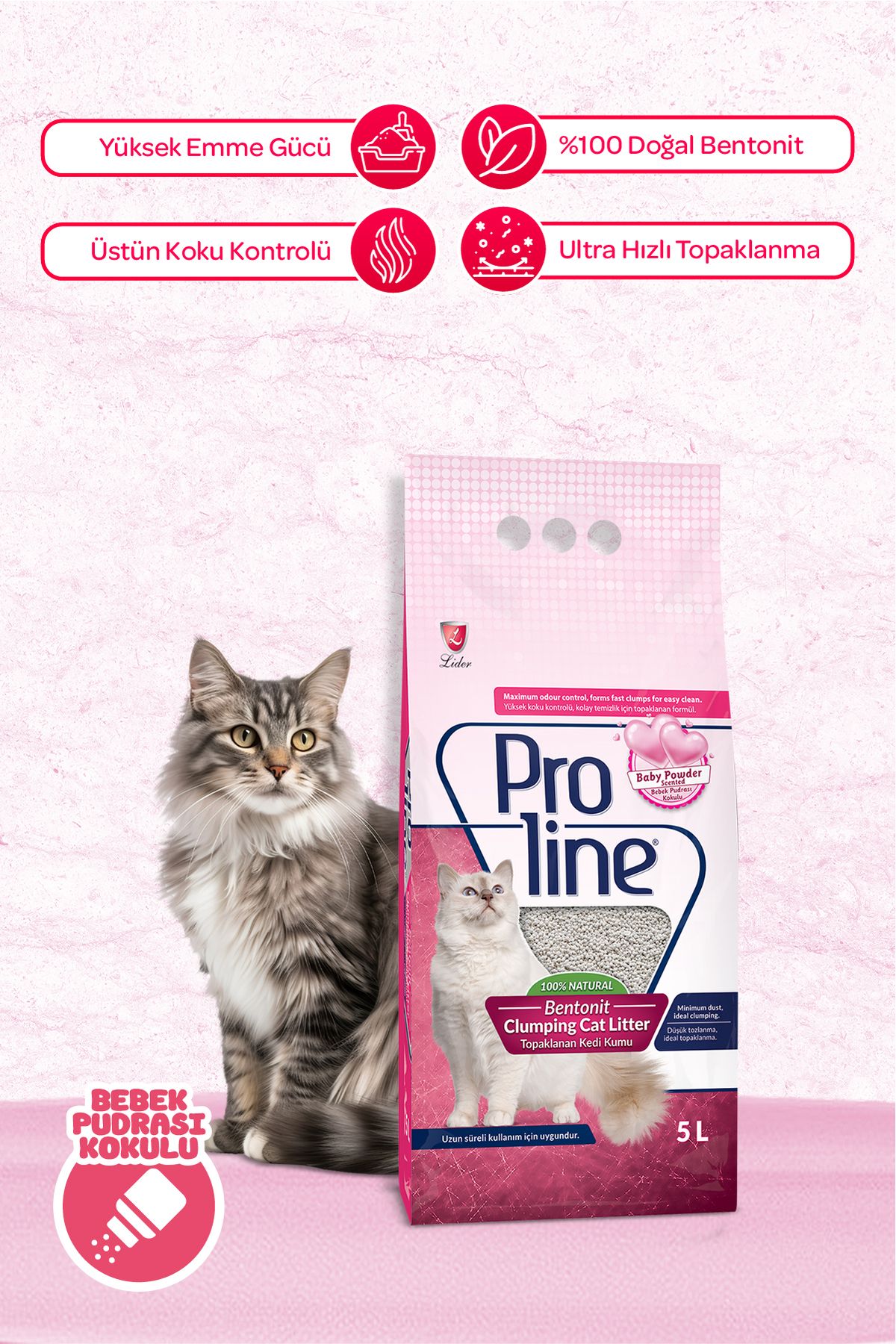 Proline Bebek Pudralı Topaklanan Bentonit Kedi Kumu 5 Lt