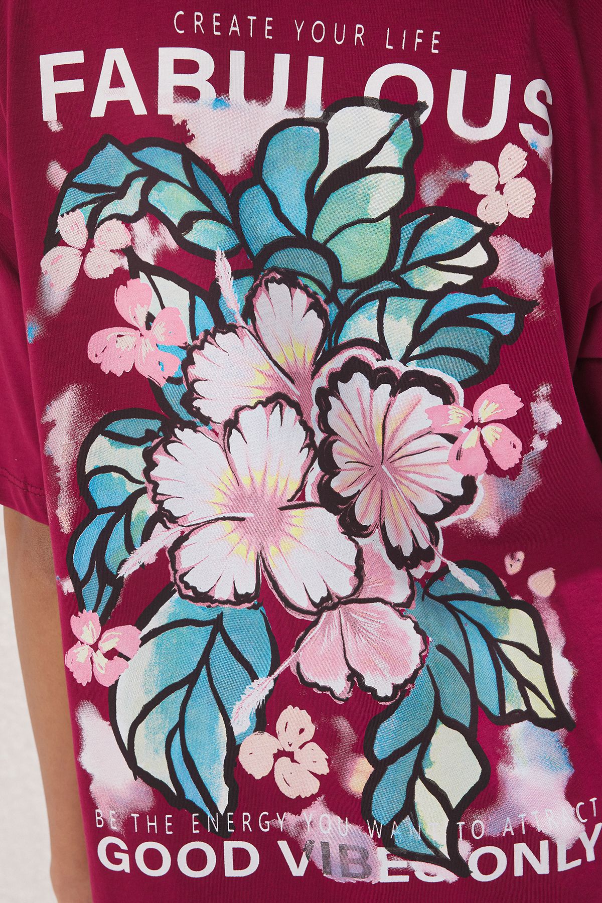 Trendyol Collection-Pletené tričko Dark Cherry Slogan a květinový potisk Oversize/široký střih TWOSS24TS00183 3