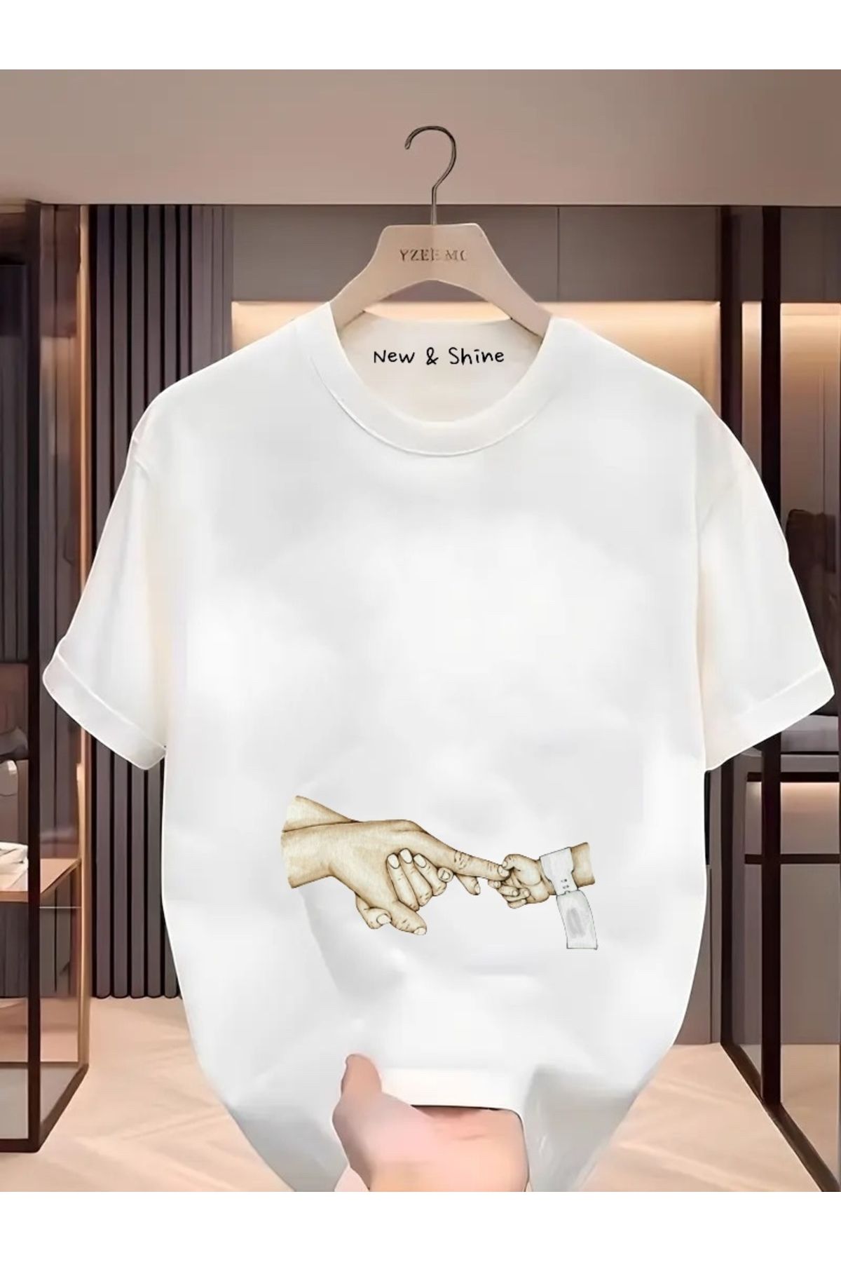 New Shine Bebek Aile El Tutuşma Baskılı Büyük Beden Oversize T-Shirt