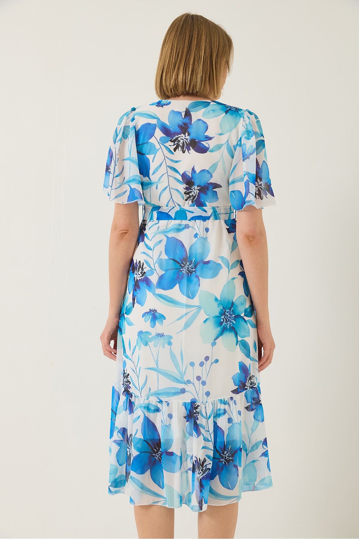 Bianco Lucci-Women's Double Breasted Collar Elastic Waist Belted Lined Patterned Chiffon Dress 60283211 7