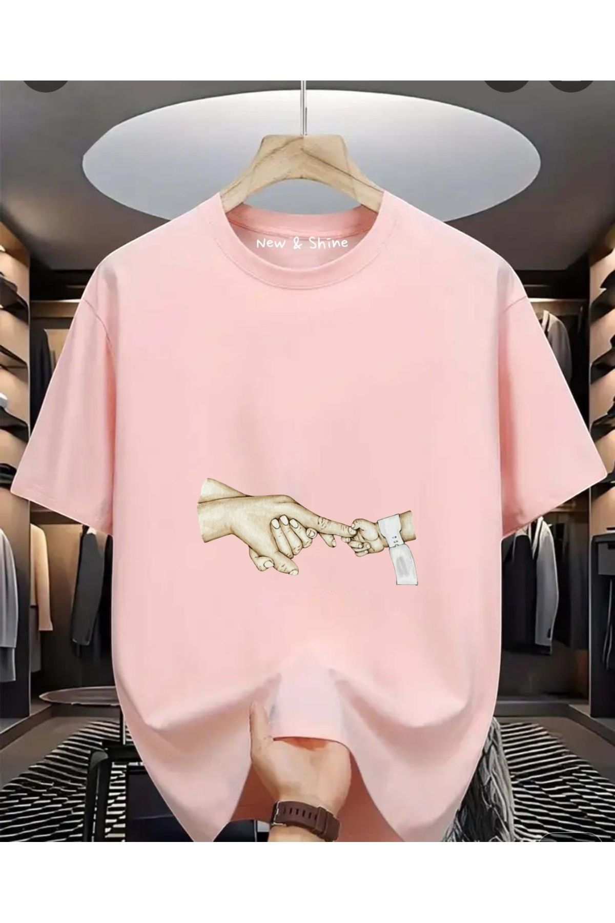 New Shine Bebek Aile El Tutuşma Baskılı Büyük Beden Oversize T-Shirt