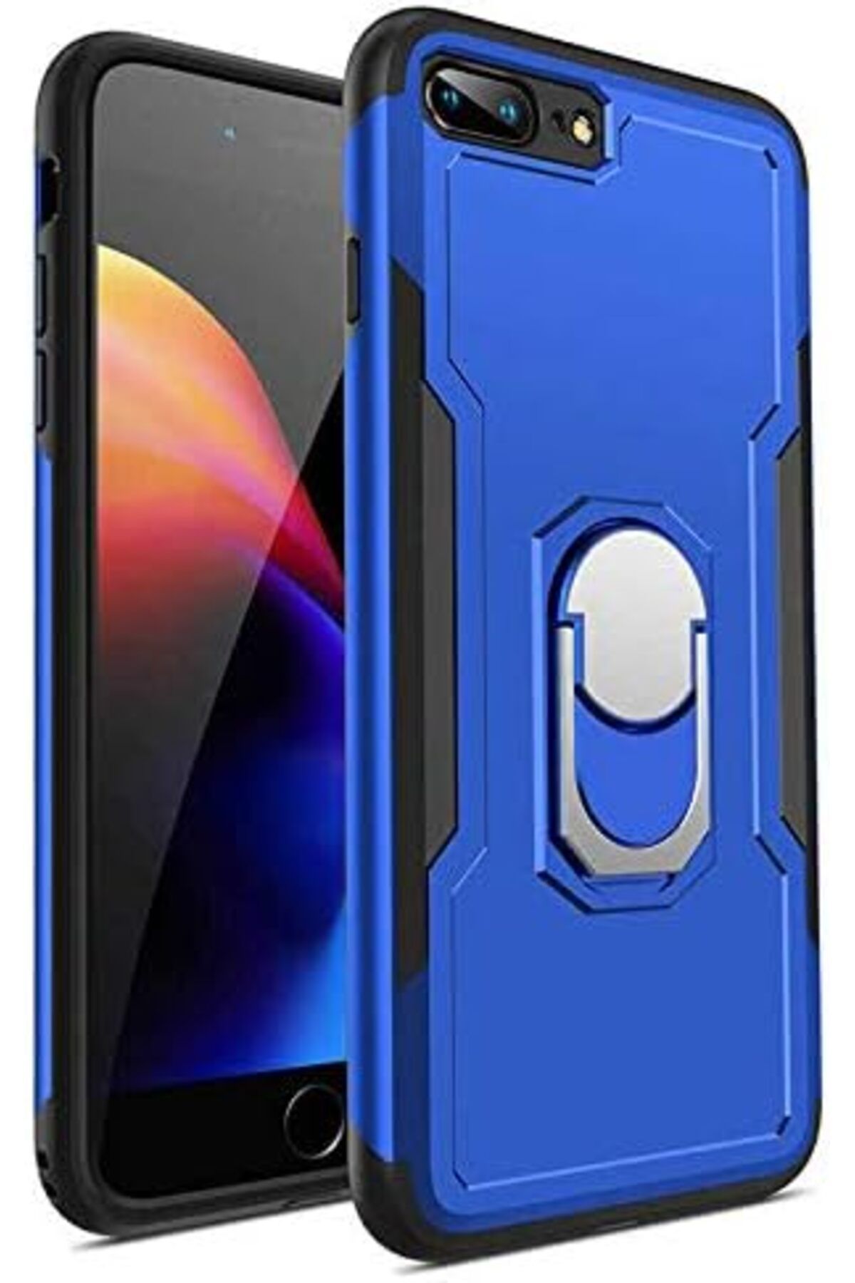 MEGOBİNE WHERE 7 Plus / 8 Plus Uyumlu Darbeye Karşı Dayanıklı Standlı Yüzüklü Tank Kılıf (Mavi, iPh