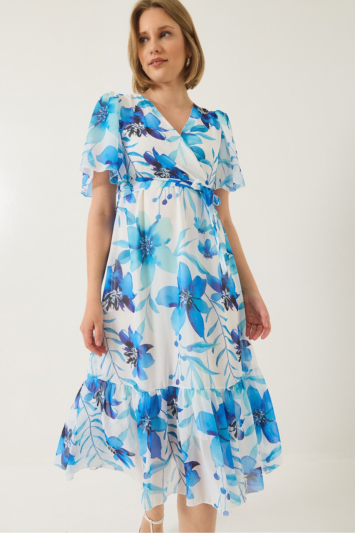 Bianco Lucci-Women's Double Breasted Collar Elastic Waist Belted Lined Patterned Chiffon Dress 60283211 4