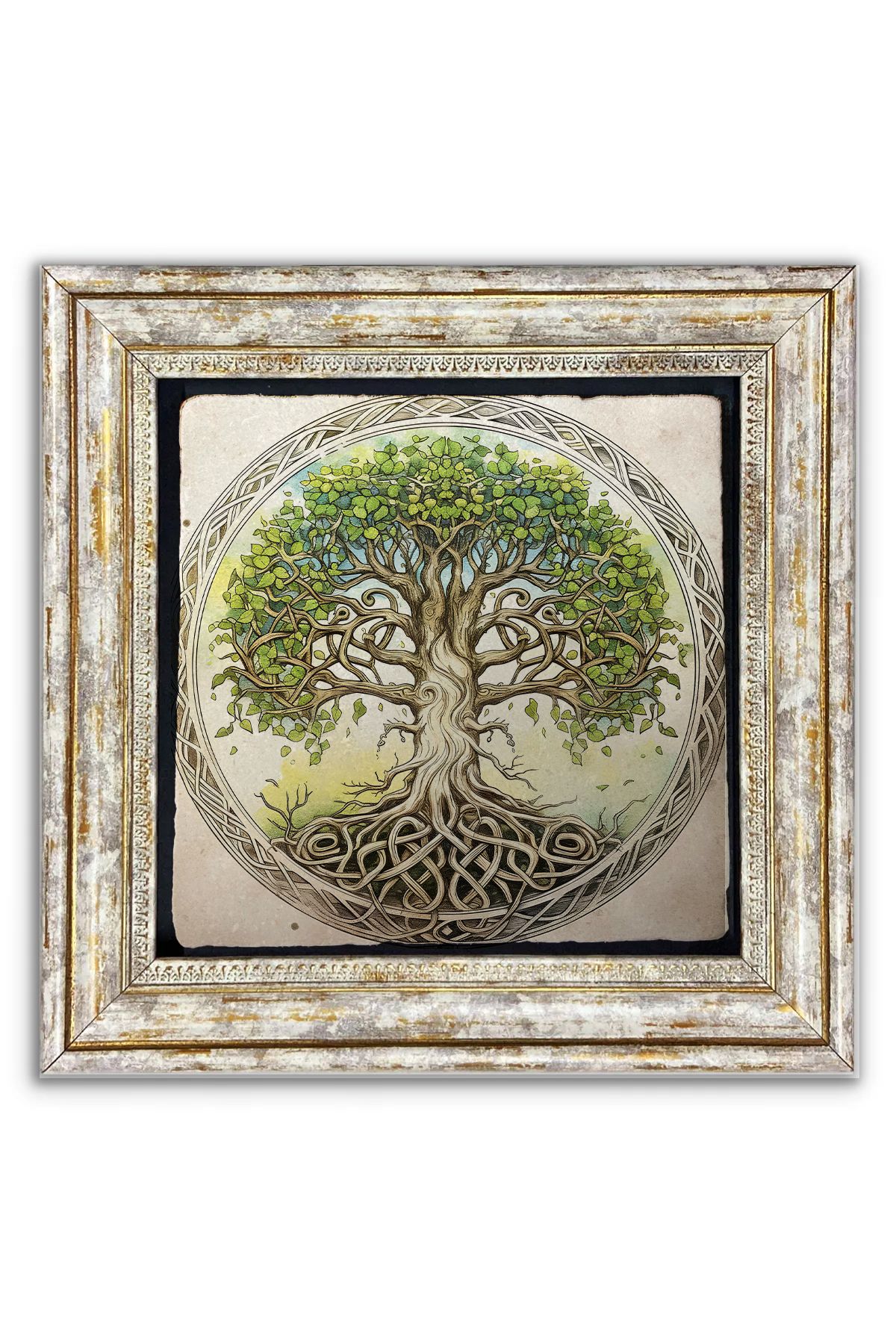 AND Taş Duvar Dekoru Hayat Ağacı Taşa Baskı Çerçeveli Tablo (30x30 cm )