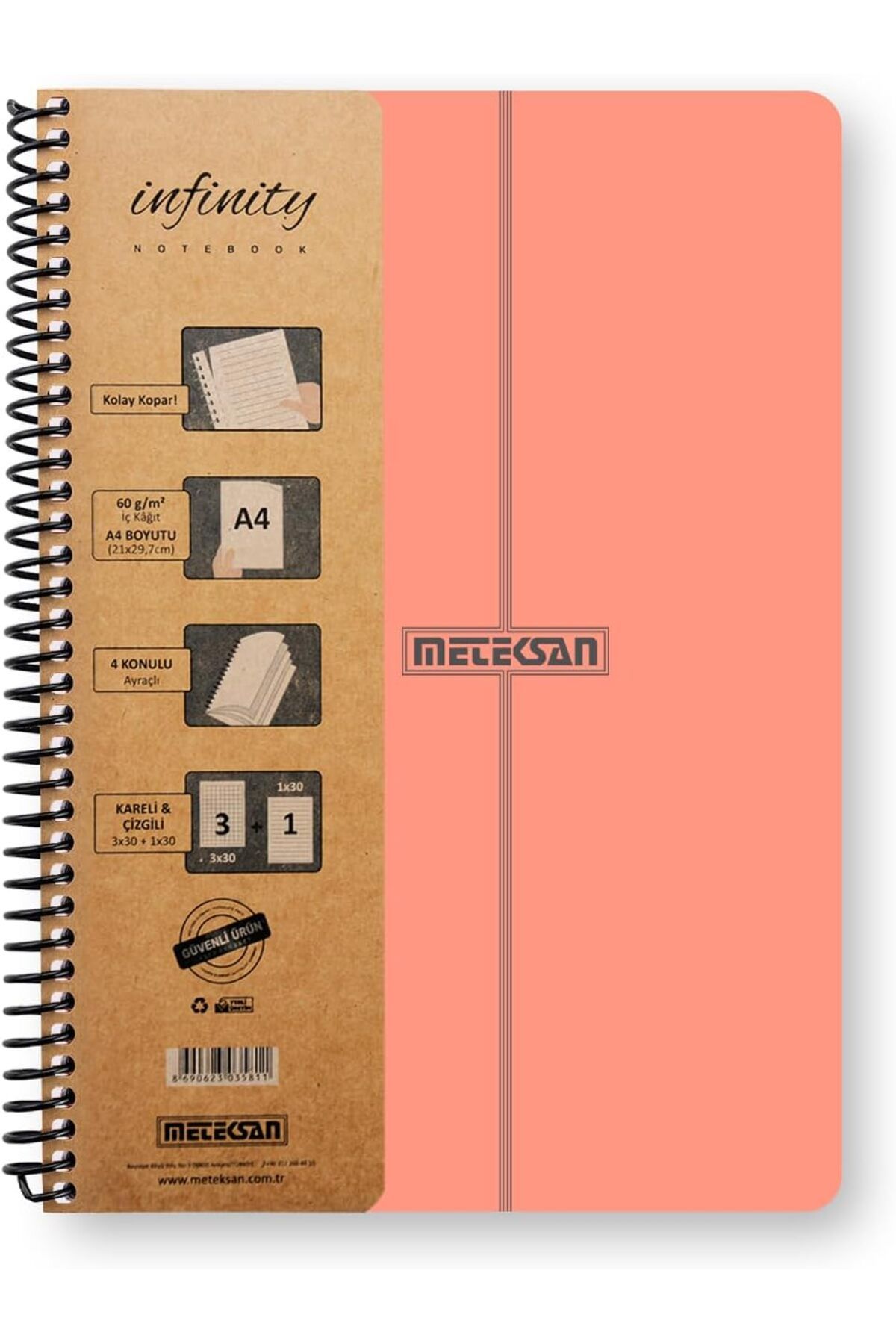mazıdağı mazzıdağ Infinity Pastel Serisi, A4, 4 Konulu (3 Kareli, 1 Çizgili) 120 Yaprak PP Kapaklı Spiral