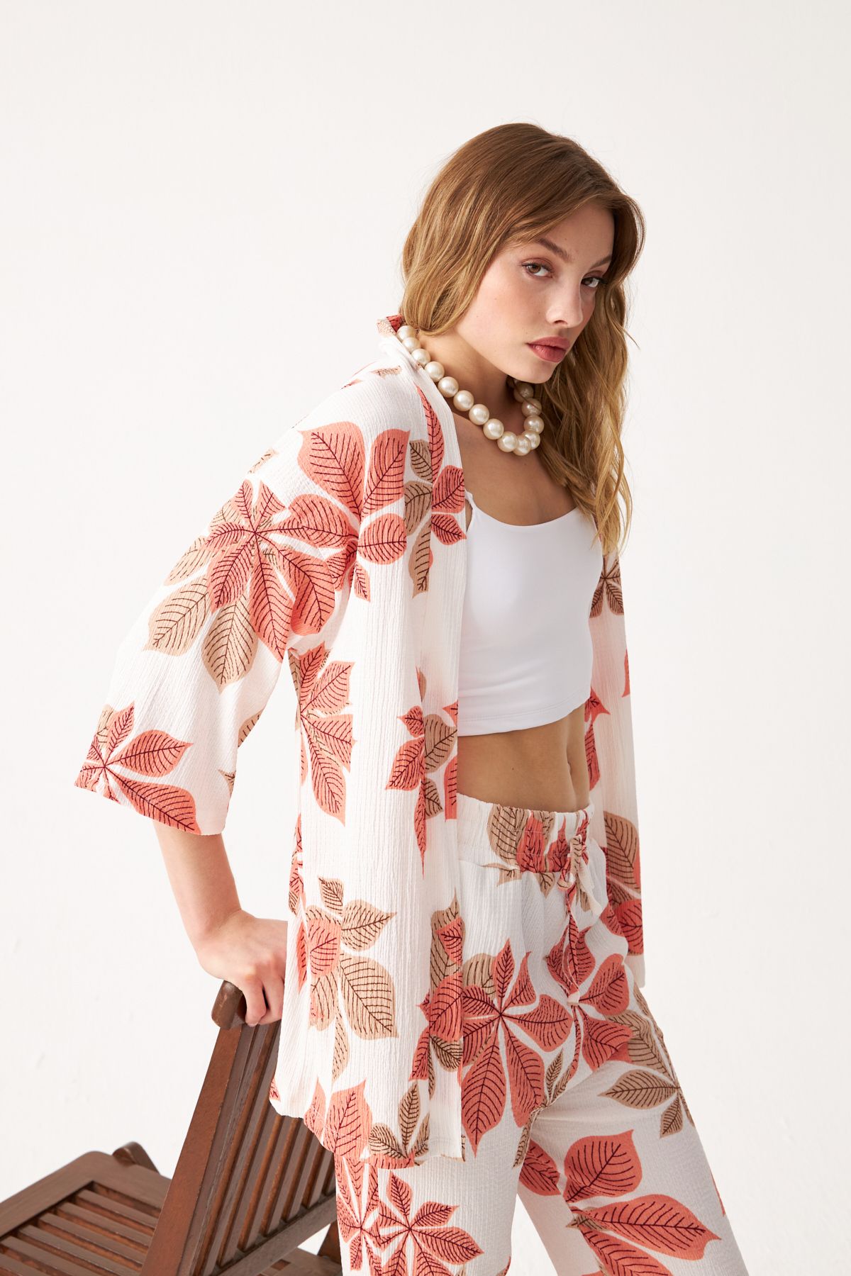 Know-Women's Orange-White Floral Pattern Kimono Shirt Pants Set 6
