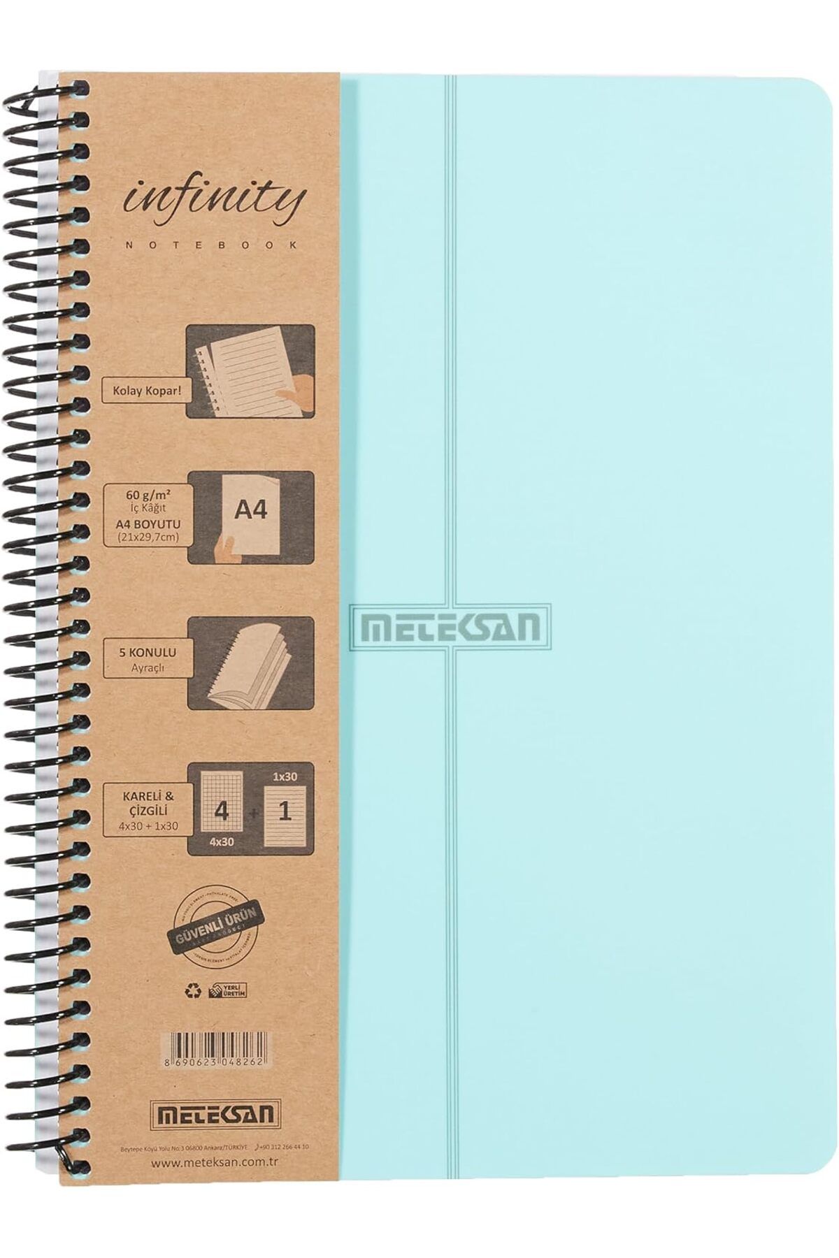 mazıdağı mazzıdağ Infinity Pastel Serisi, A4, 5 Konulu (4 Kareli, 1 Çizgili) 150 Yaprak PP Kapaklı Spiral