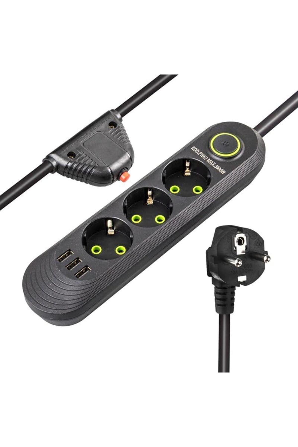 STOREMAX ekn Akım Korumalı Grup Priz, 3’lü Priz,1.5 Metre Kablolu, 3 Usb’li 3000w, 16 Amper, Kablo Üs