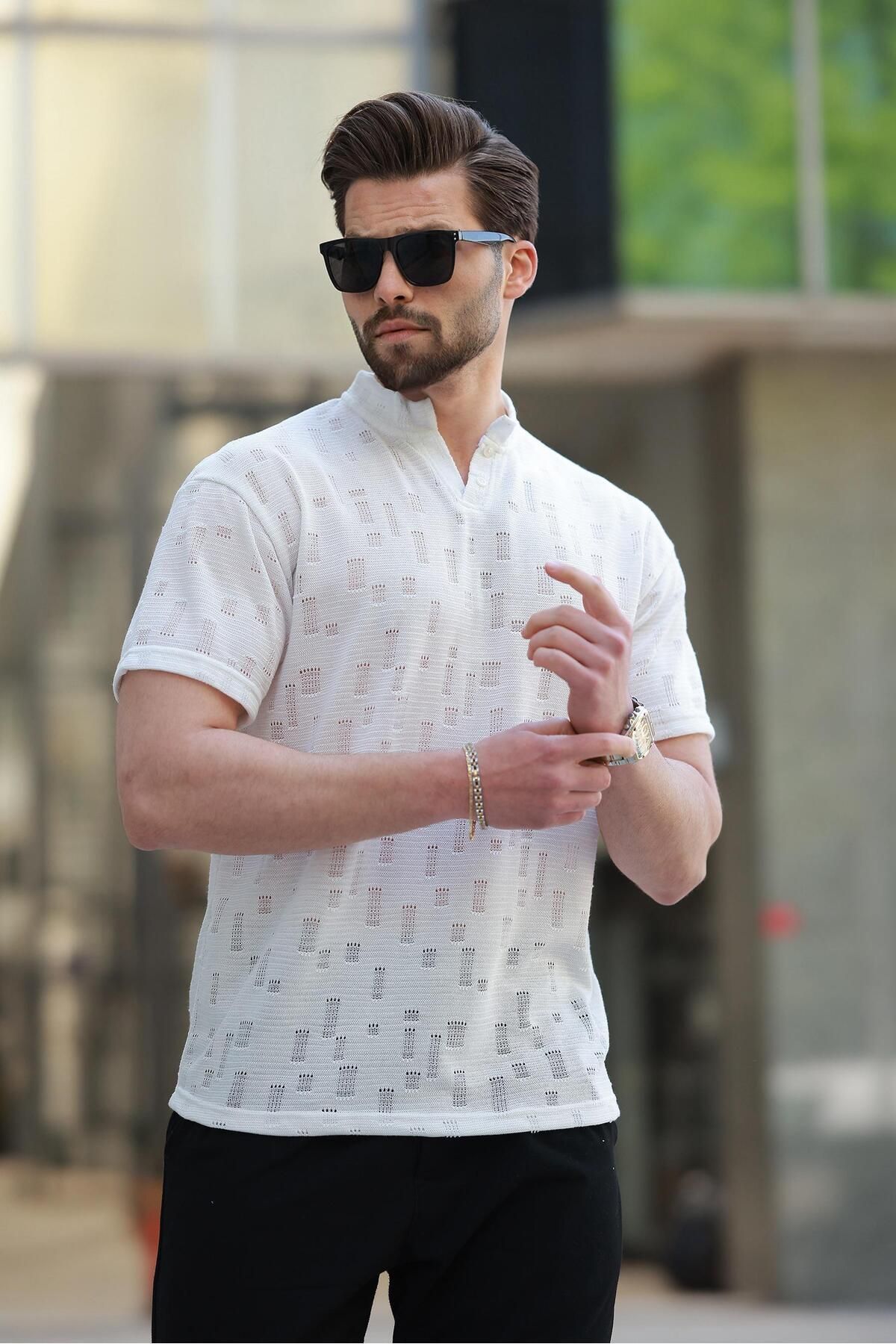 Madmext-Ανδρικό μπλουζάκι Ecru Judge Collar Basic E7148 3