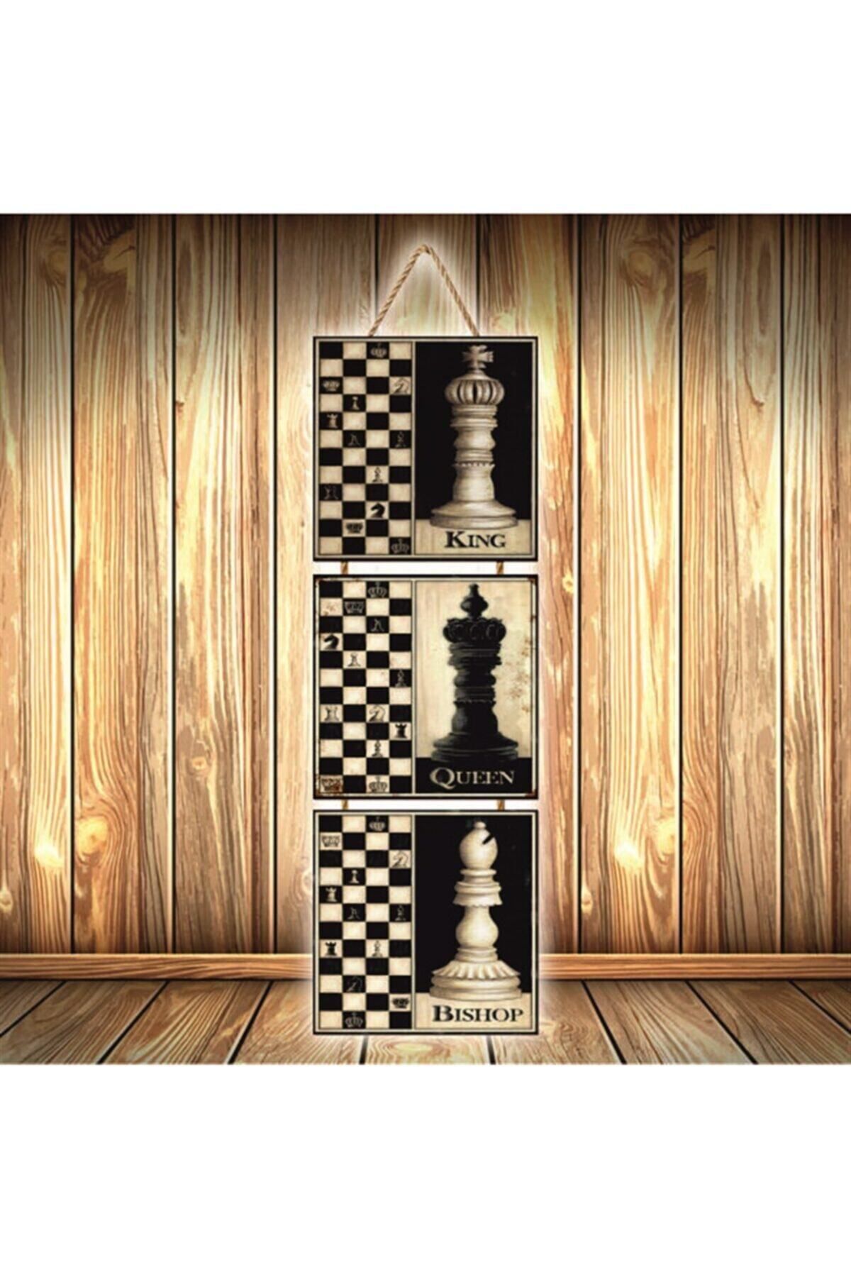TAKIFİX Satranç Tasarımlı Üçlü Retro Ahşap Poster Ü484