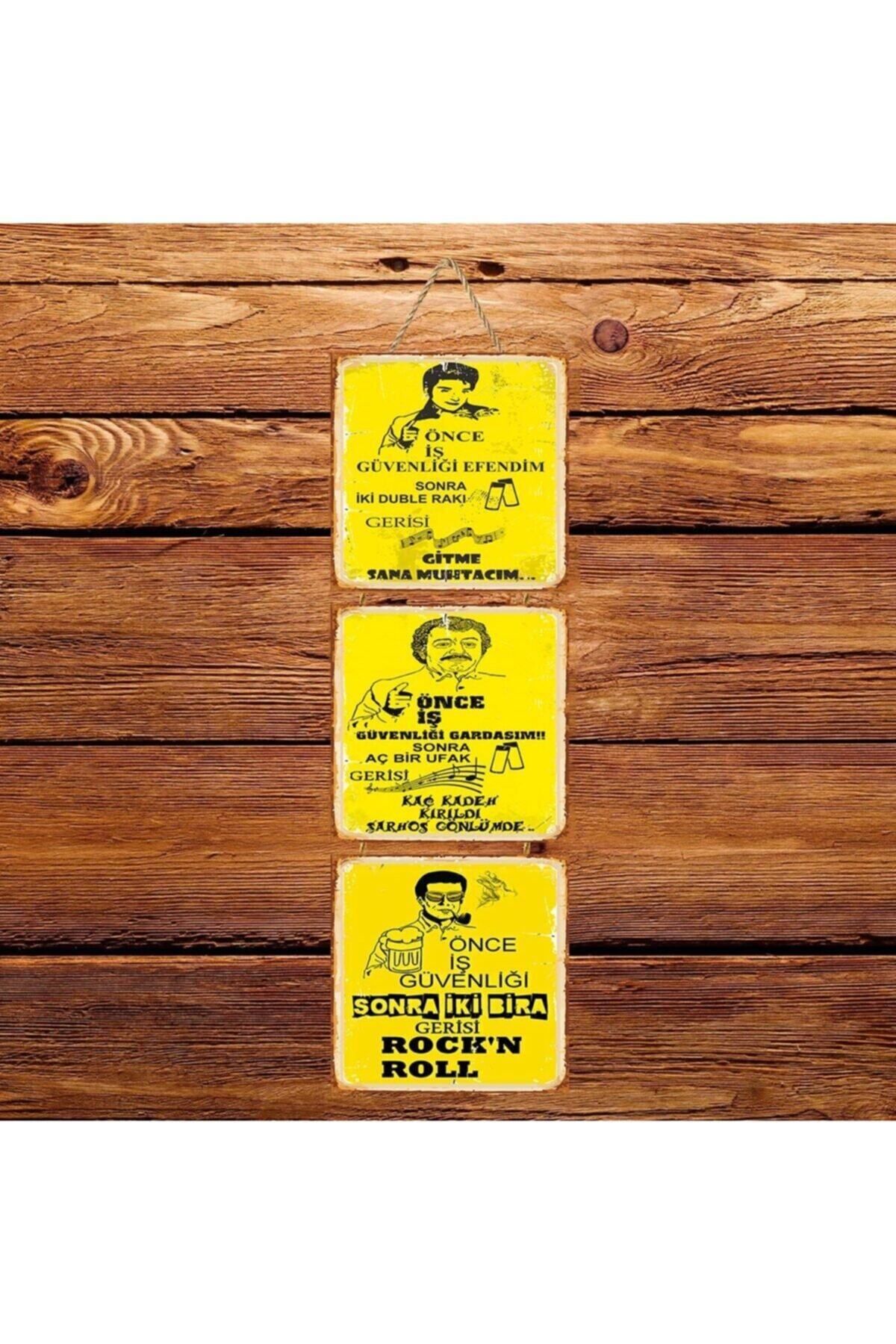 TAKIFİX Önce Iş Güvenliği Üçlü Retro Ahşap Poster