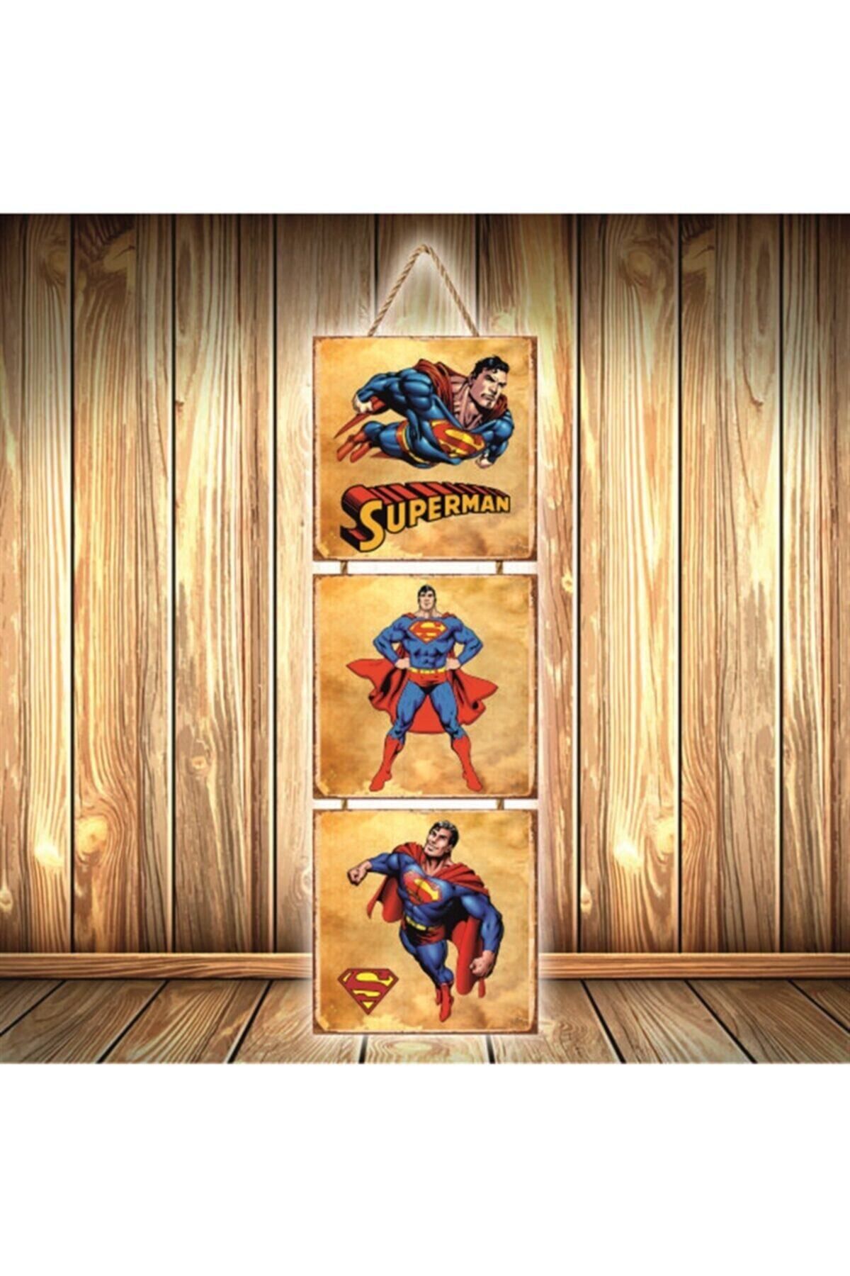 TAKIFİX Superman Tasarımlı Üçlü Retro Ahşap Poster Ü431