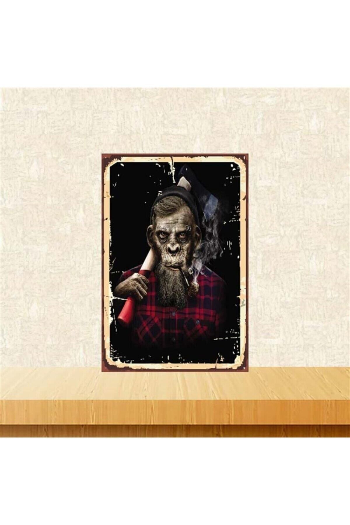 TAKIFİX Oduncu Maymun Tasarımlı 20-30 Cm Retro Ahşap Poster