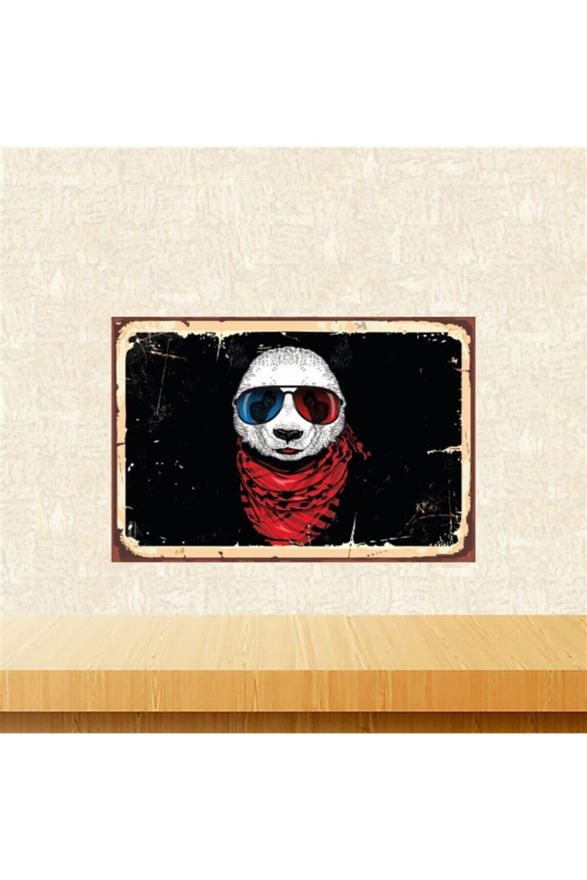 TAKIFİX Gözlüklü Fularlı Panda Tasarımlı 20-30 cm Retro Ahşap Tablo Tkfx5745
