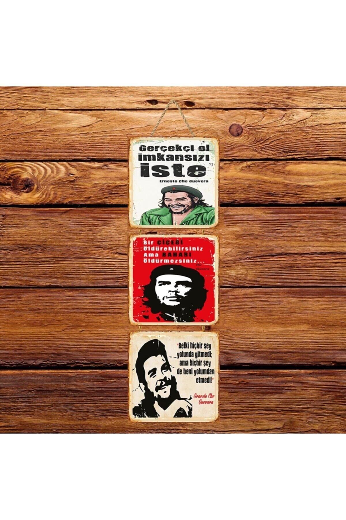 TAKIFİX Che Guevara Gerçekçi Ol Üçlü Retro Ahşap Poster