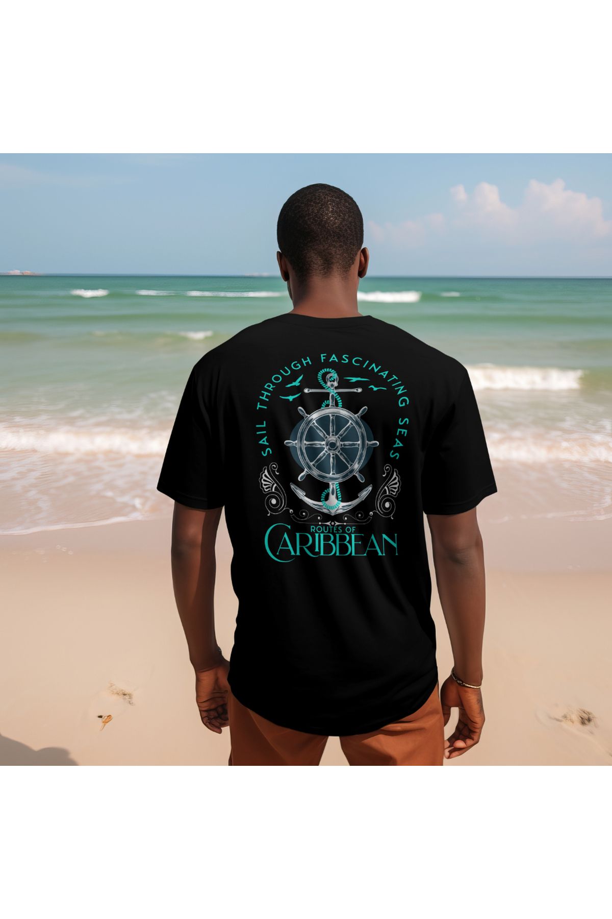 ArdaEge Siyah Erkek Denizci Baskılı T-shirt %100 Pamuk