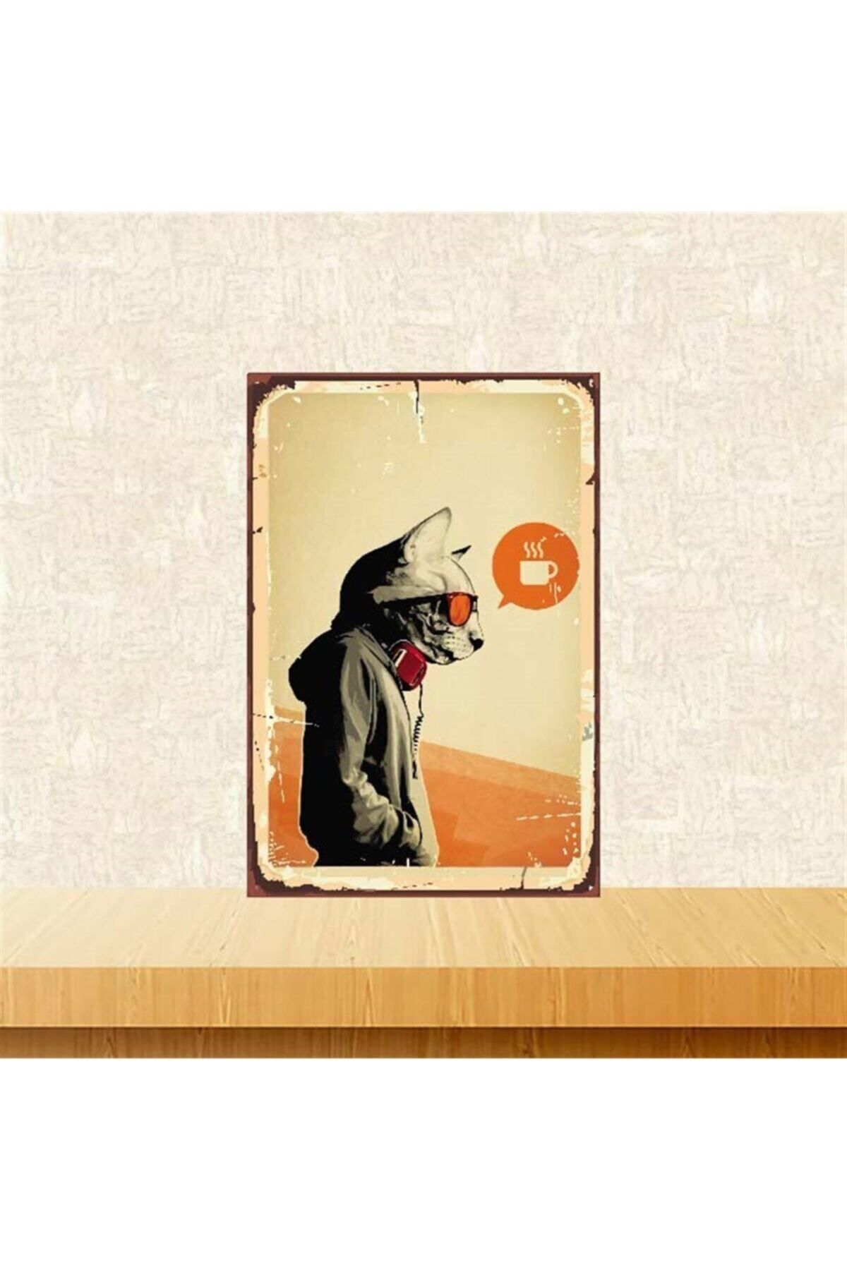 TAKIFİX Düşünceli Kedi Tasarımlı 20-30 Cm Retro Ahşap Poster