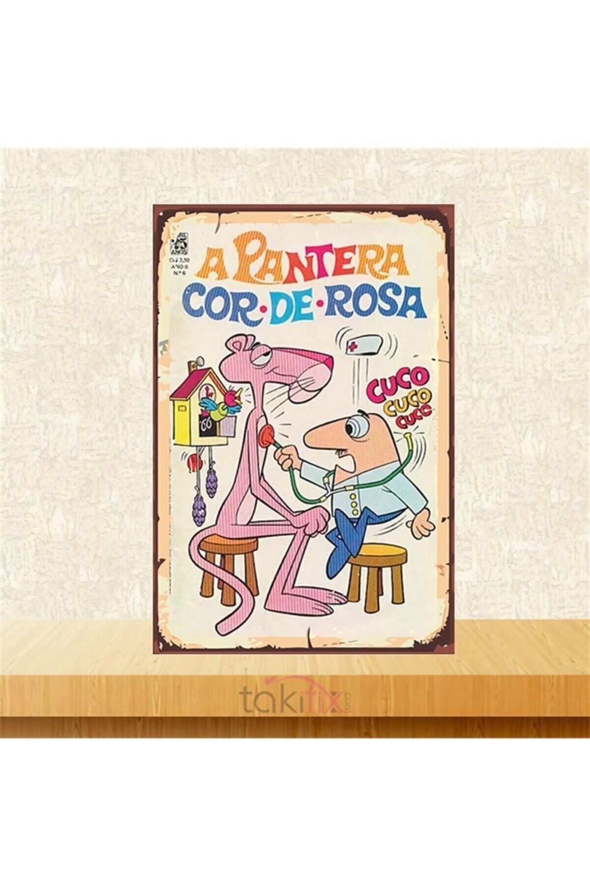 TAKIFİX Pembe Panter Tasarımlı 20-30 Cm Retro Ahşap Poster