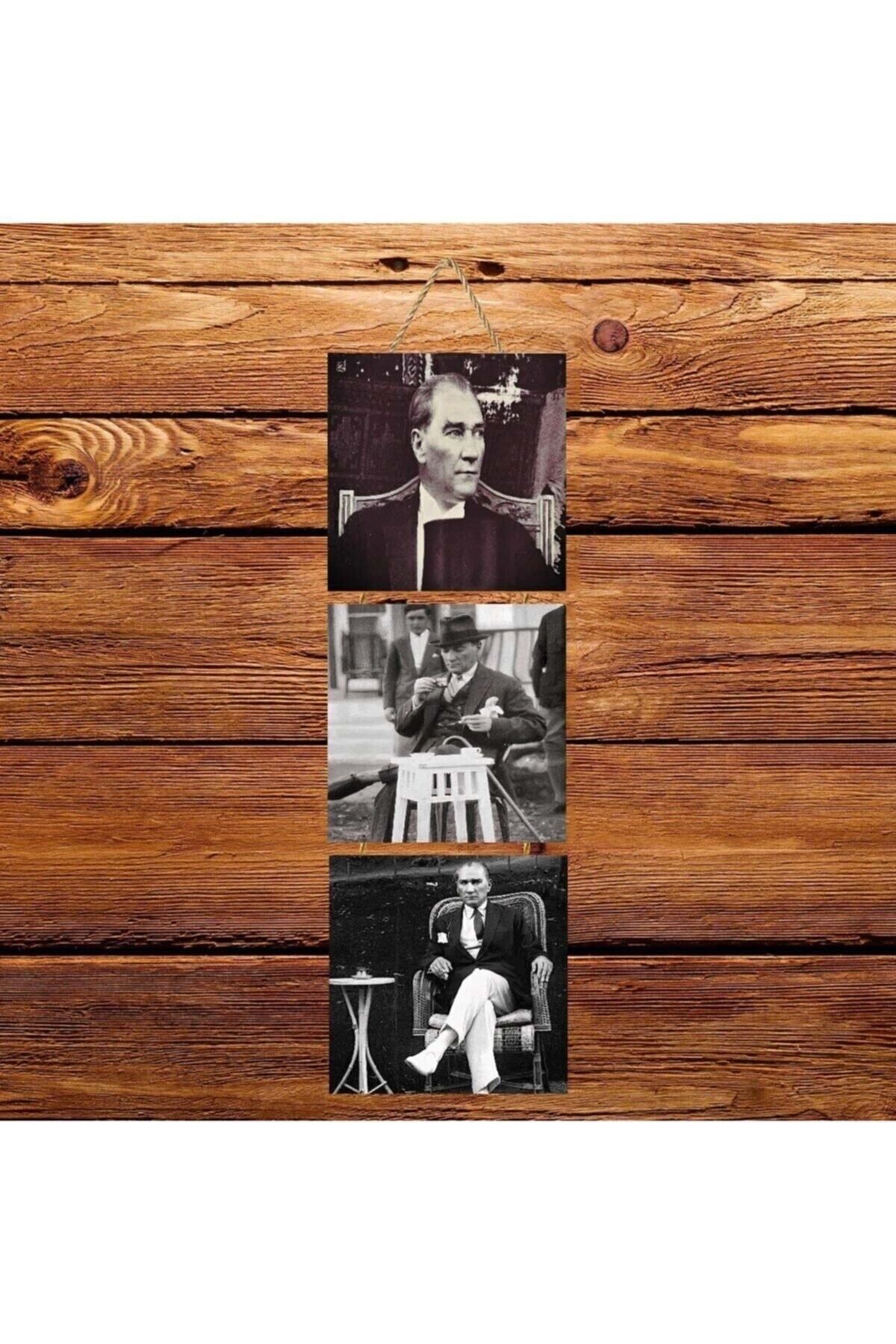 TAKIFİX Mustafa Kemal Atatürk Üçlü Retro Ahşap Poster Ü129