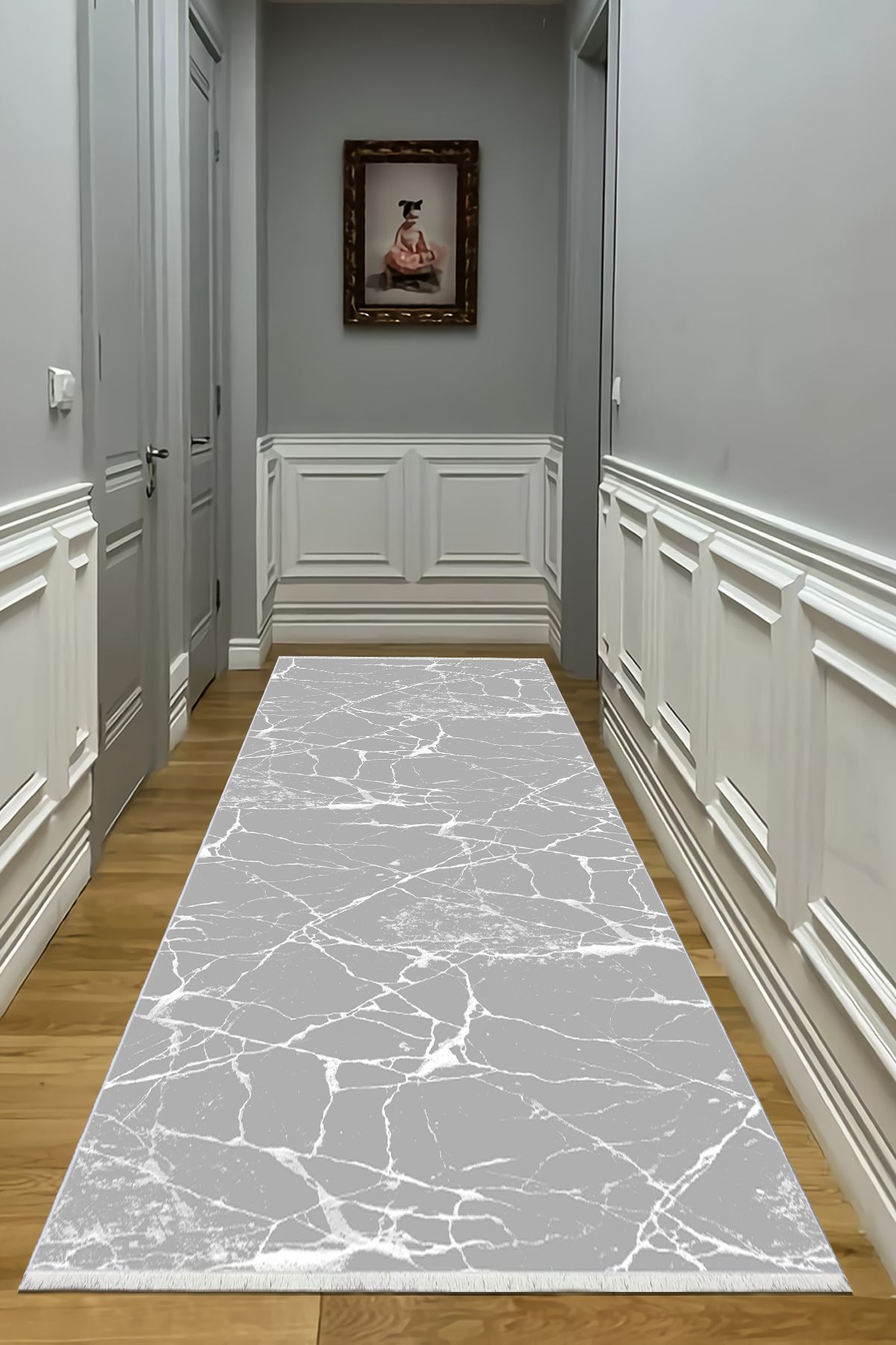 CENTER AVM Gri Beyaz Yolluk Makinede Yıkanabilir Halı Kaymaz Taban Halı