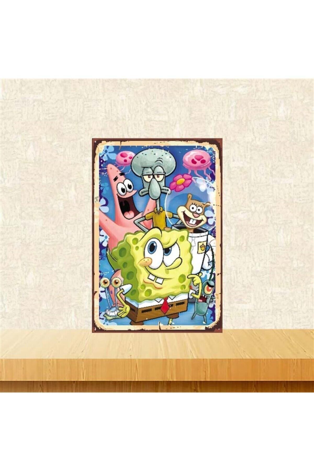 TAKIFİX Sünger Bob Karakterleri Tasarımlı 20-30 cm Retro Ahşap Poster