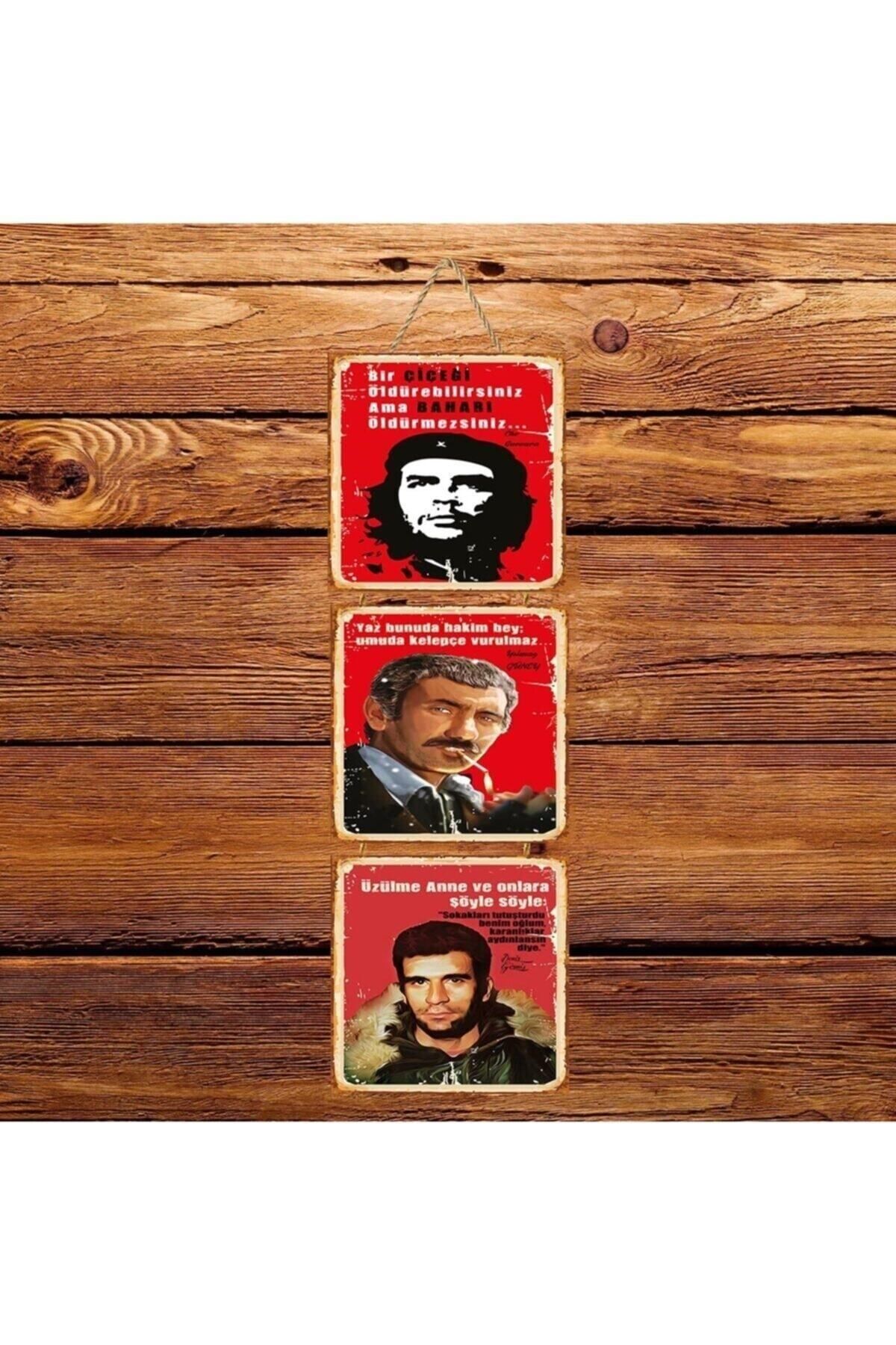 TAKIFİX Che Guevara Yılmaz Güney Deniz Gezmiş Üçlü Retro Ahşap Poster