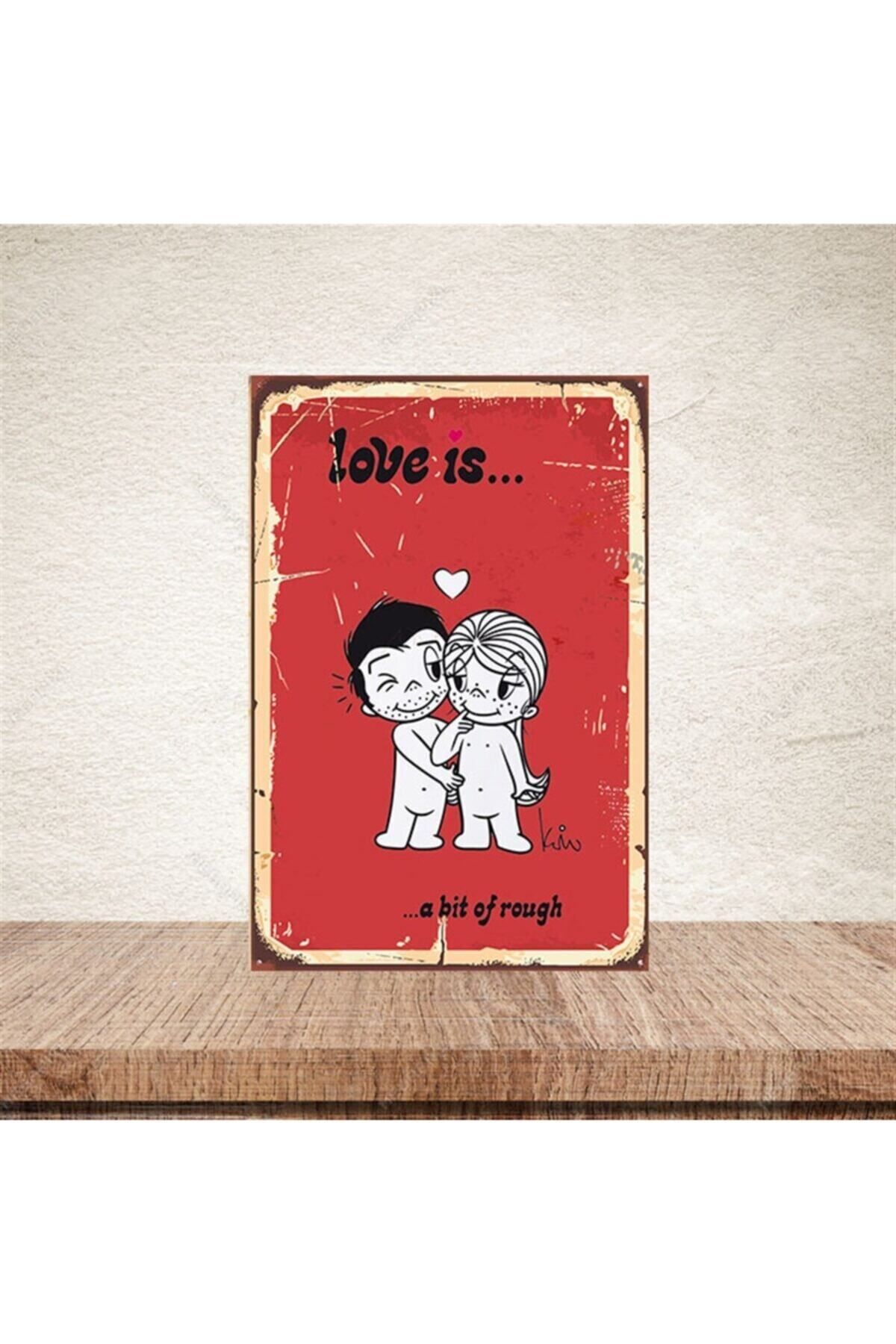 TAKIFİX Kırmızı Retro Ahşap Love Is Baskılı Poster