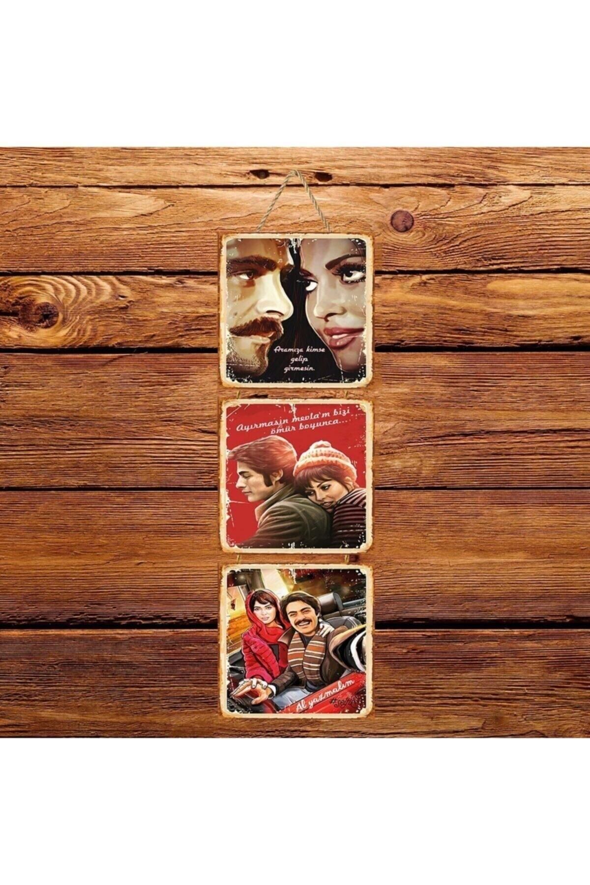 TAKIFİX Türkan Şoray Kadir Inanır Üçlü Retro Ahşap Poster