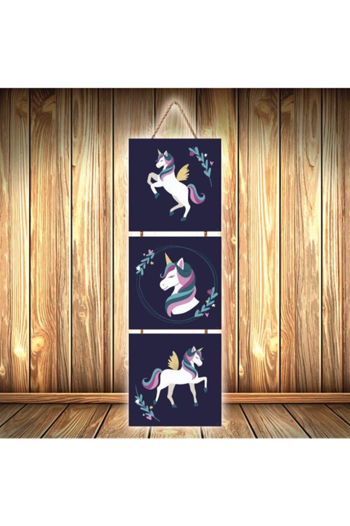 TAKIFİX Unicorn Tasarımlı Retro Ahşap Poster 3'lü