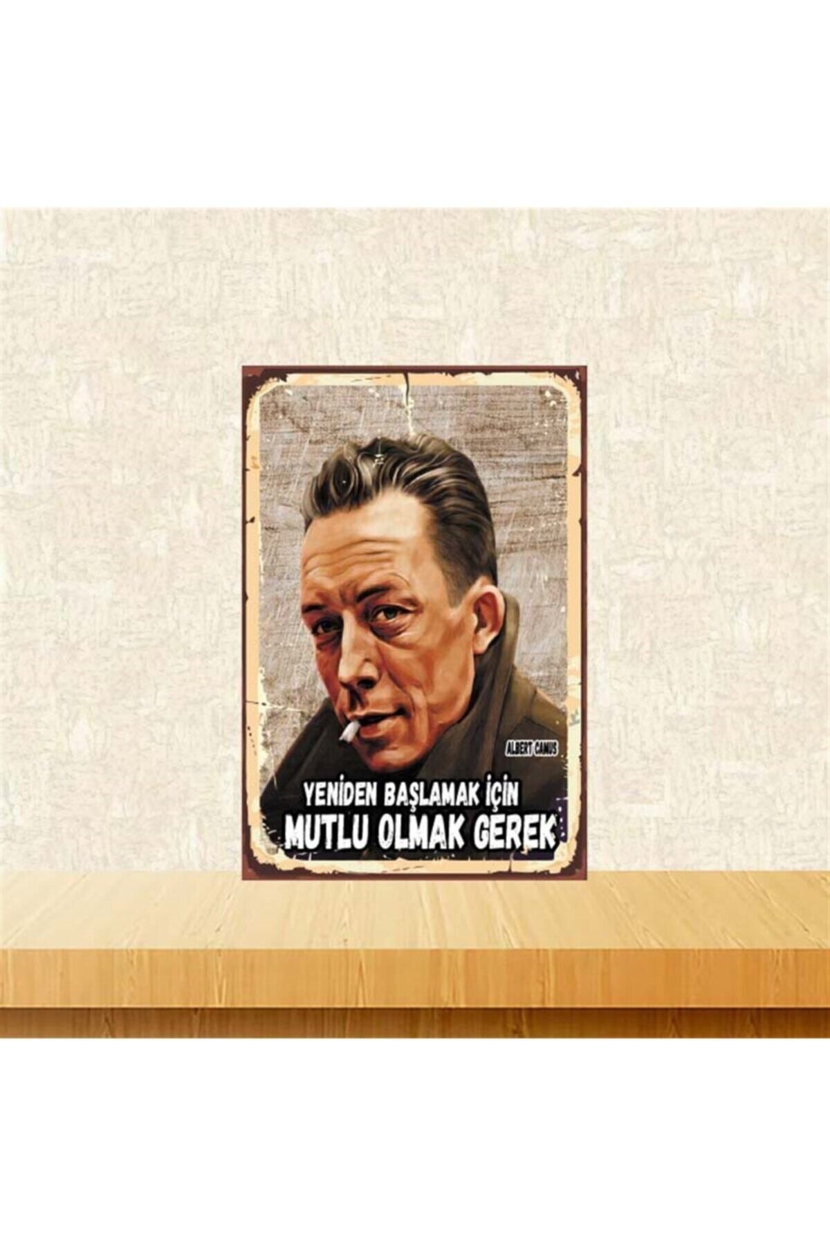 TAKIFİX Mutlu Olmak Gerek Albert Camus Retro Ahşap Poster