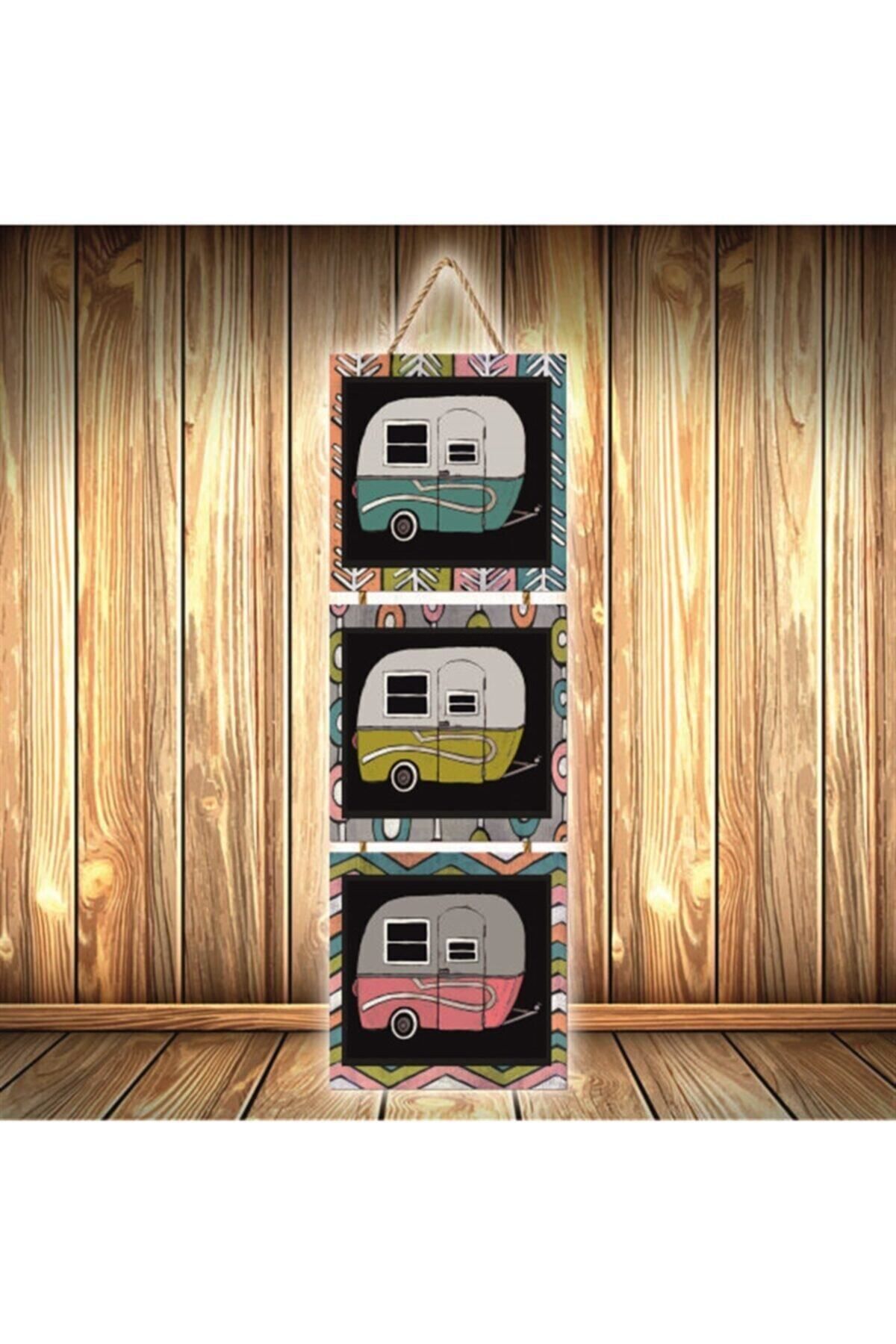 TAKIFİX Retro Minibüs Tasarımlı Üçlü Retro Ahşap Poster Ü394