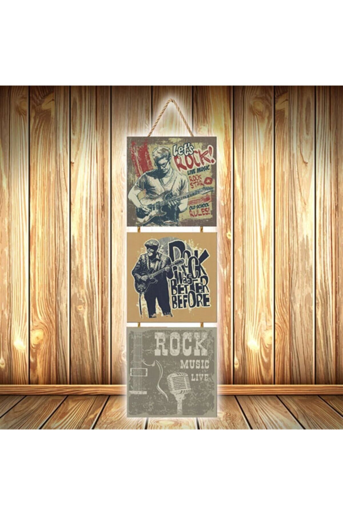 TAKIFİX Rock Music Tasarımlı Üçlü Retro Ahşap Poster Ü548